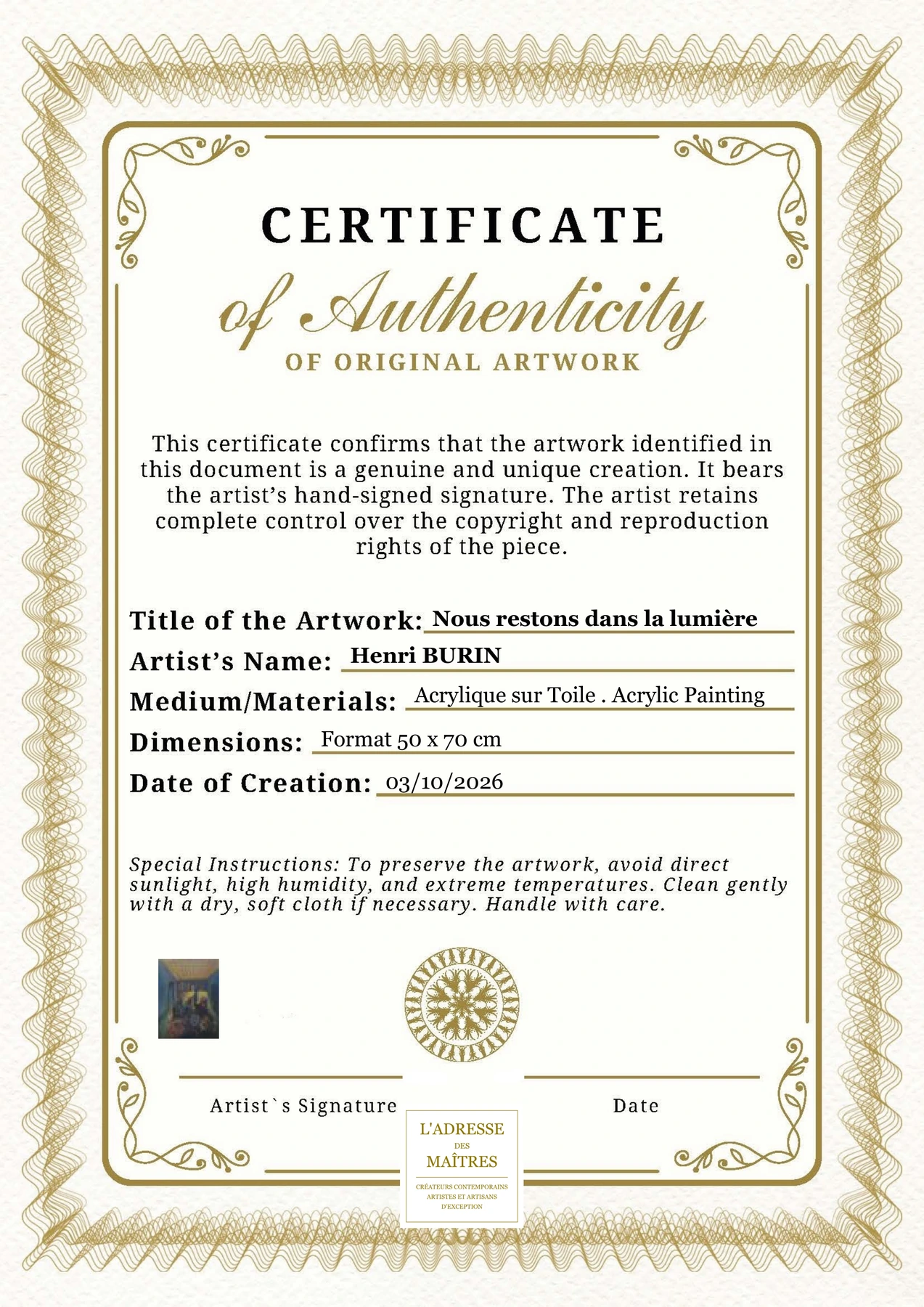 Certificat d'authenticité - Nous restons dans la lumière - Henri BURIN