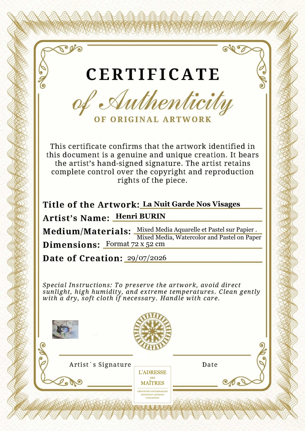 Certificat d'authenticité — La Nuit Garde Nos Visages — Henri BURIN