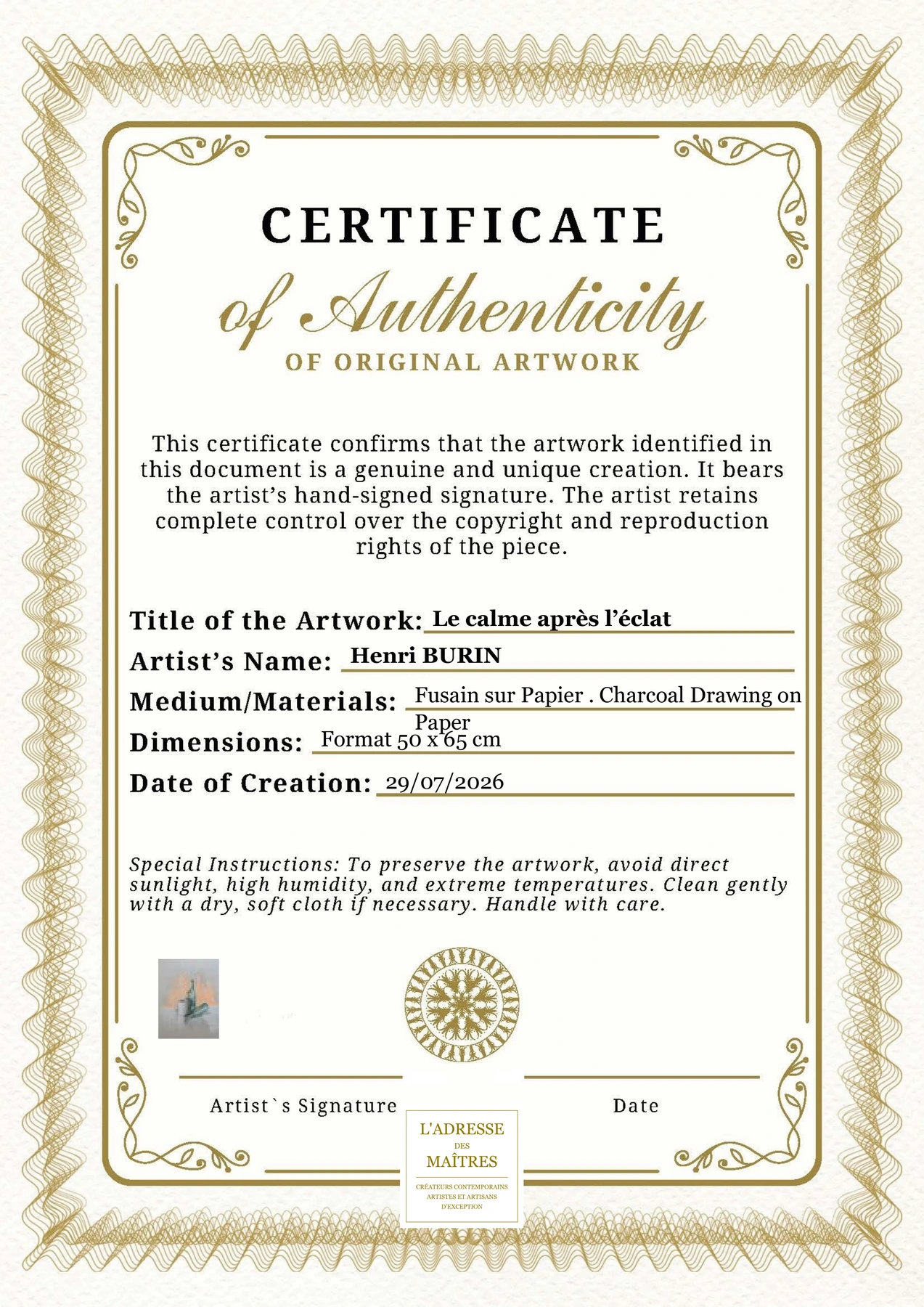 Certificat d'authenticité — Le calme après l’éclat — Henri BURIN