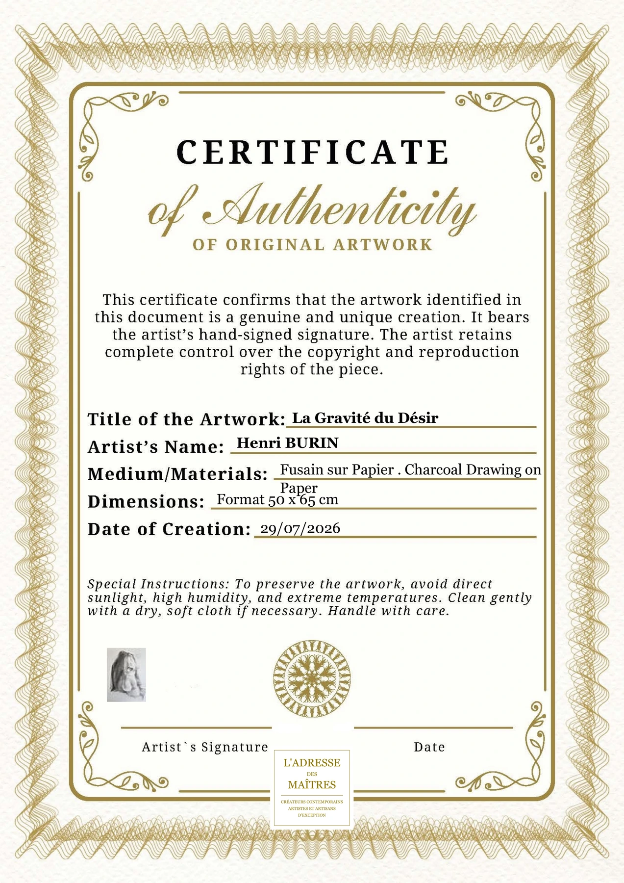 Certificat d'authenticité — La Gravité du Désir — Henri BURIN