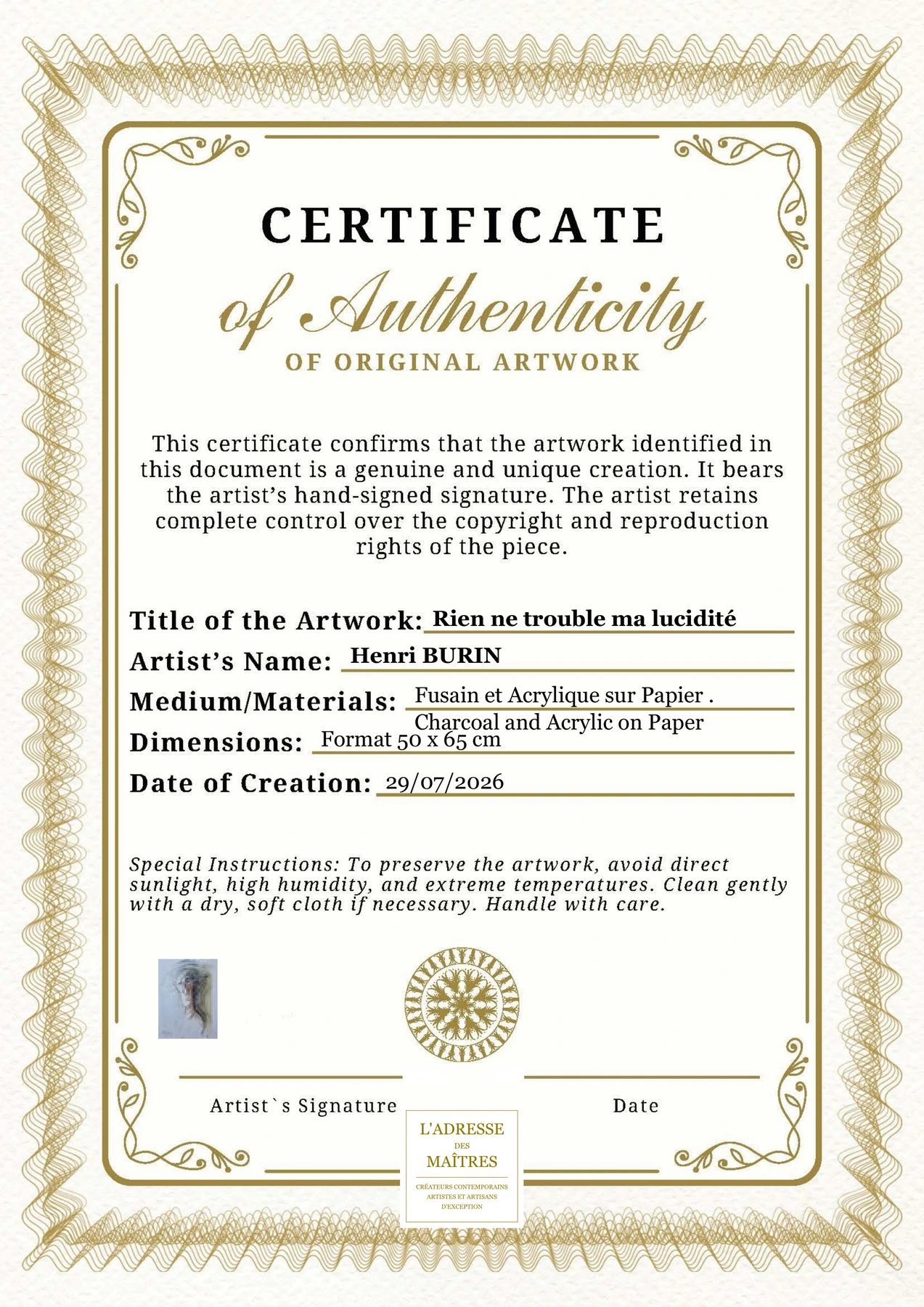 Certificat d'authenticité — Rien ne trouble ma lucidité — Henri BURIN