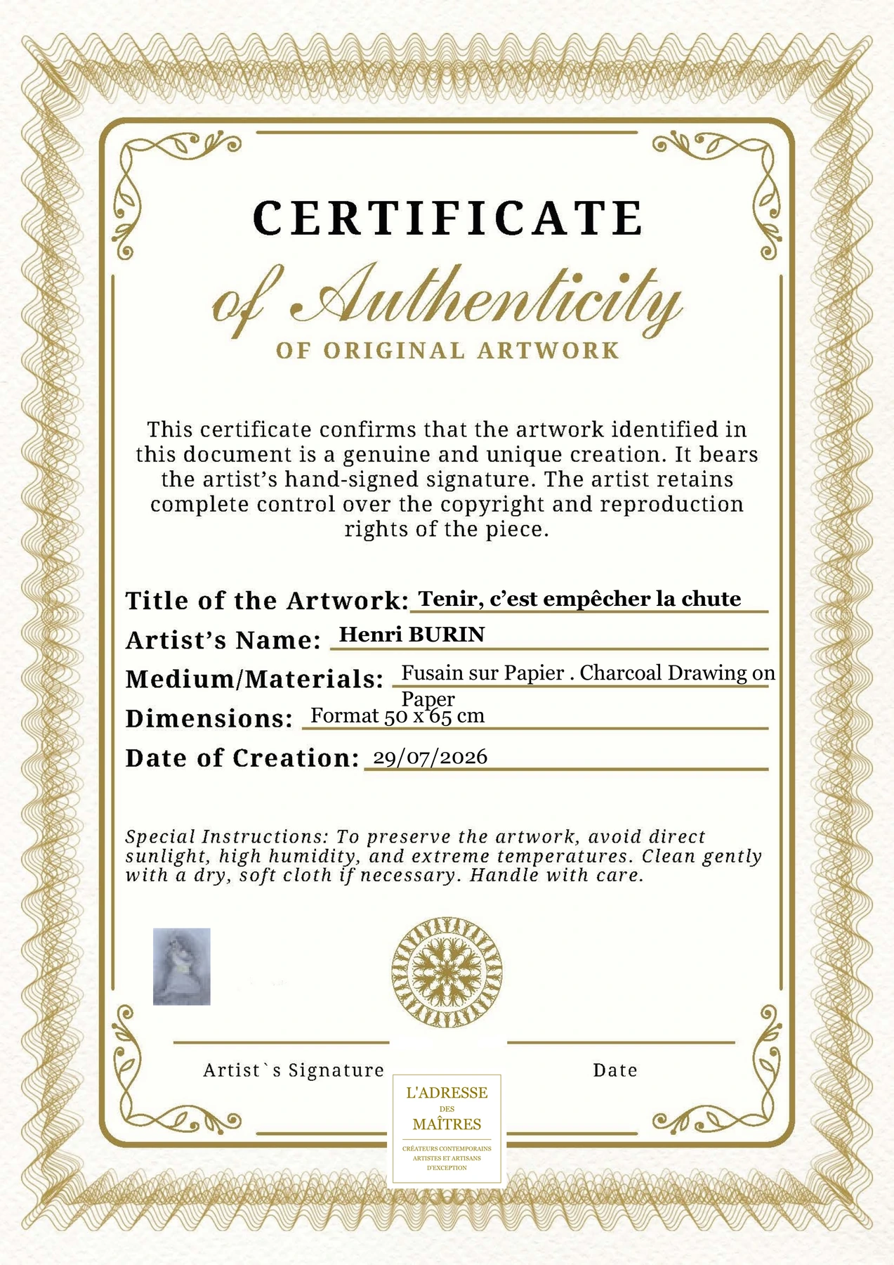 Certificat d'authenticité — Tenir, c’est empêcher la chute — Henri BURIN