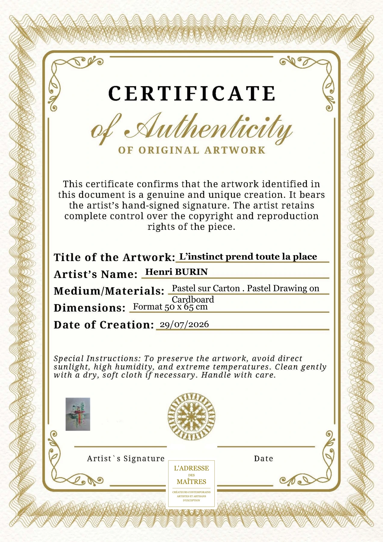 Certificat d'authenticité — L’instinct prend toute la place — Henri BURIN