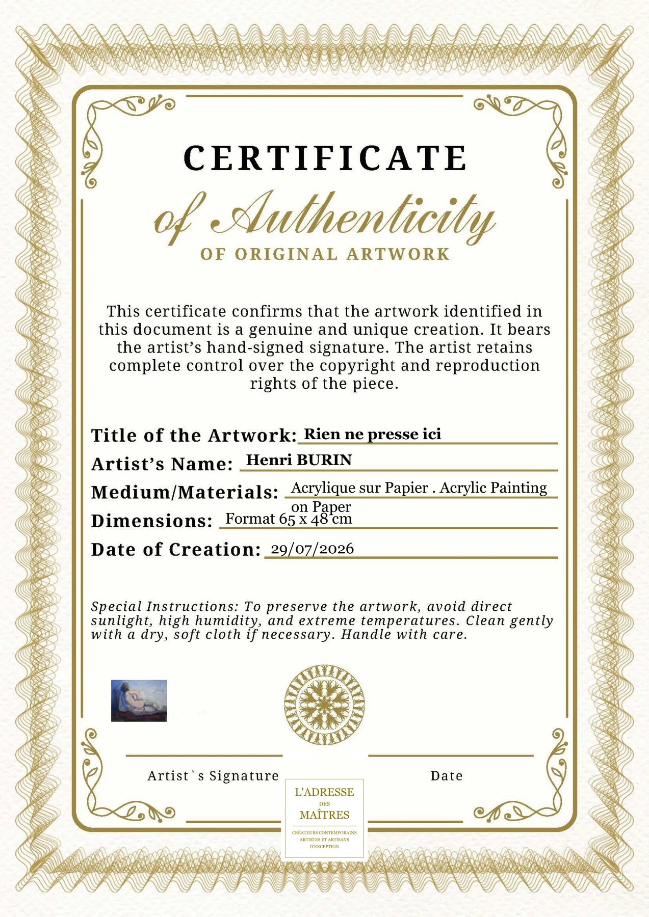 Certificat d'authenticité — Rien ne presse ici — Henri BURIN