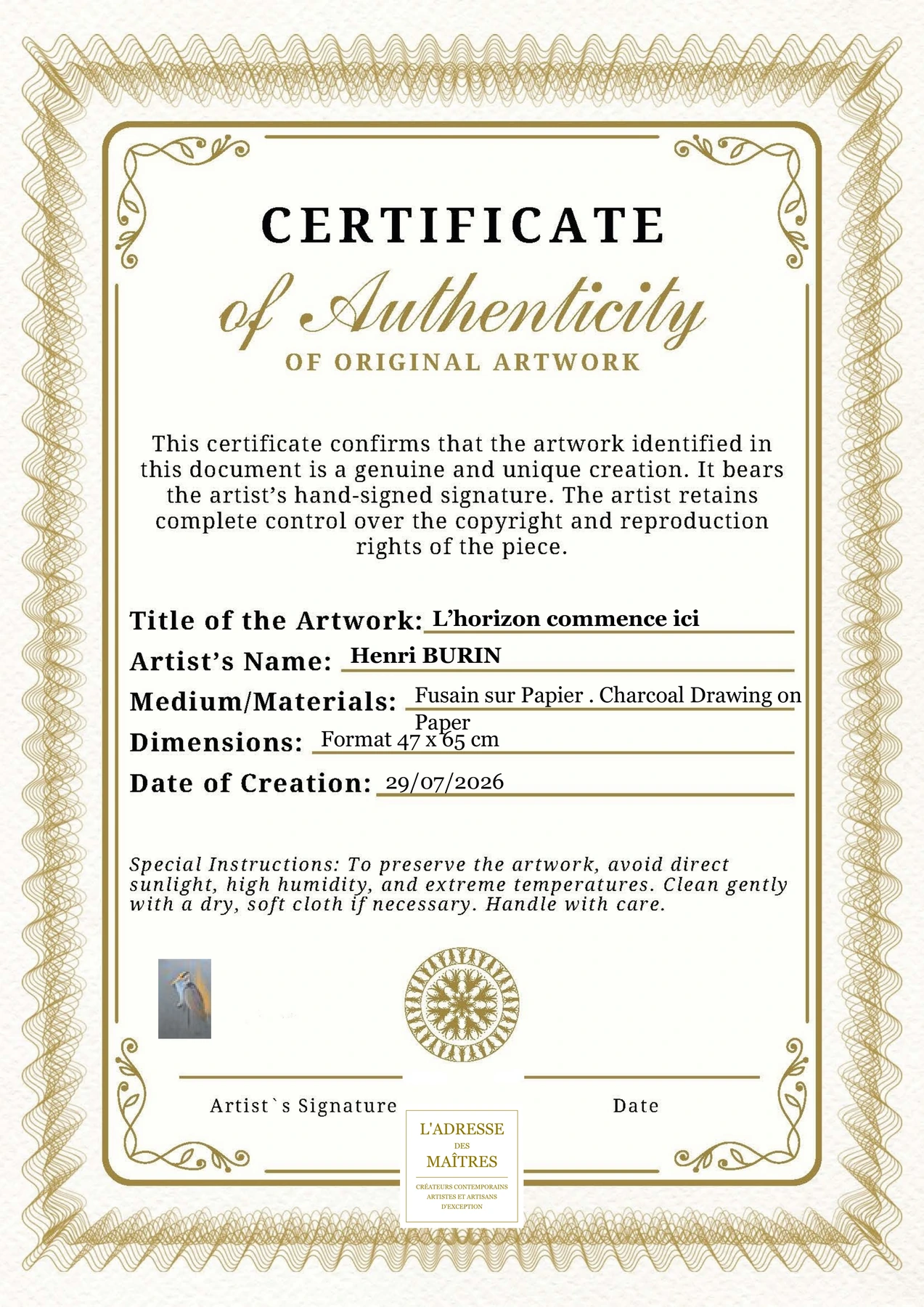 Certificat d'authenticité — L’horizon commence ici — Henri BURIN