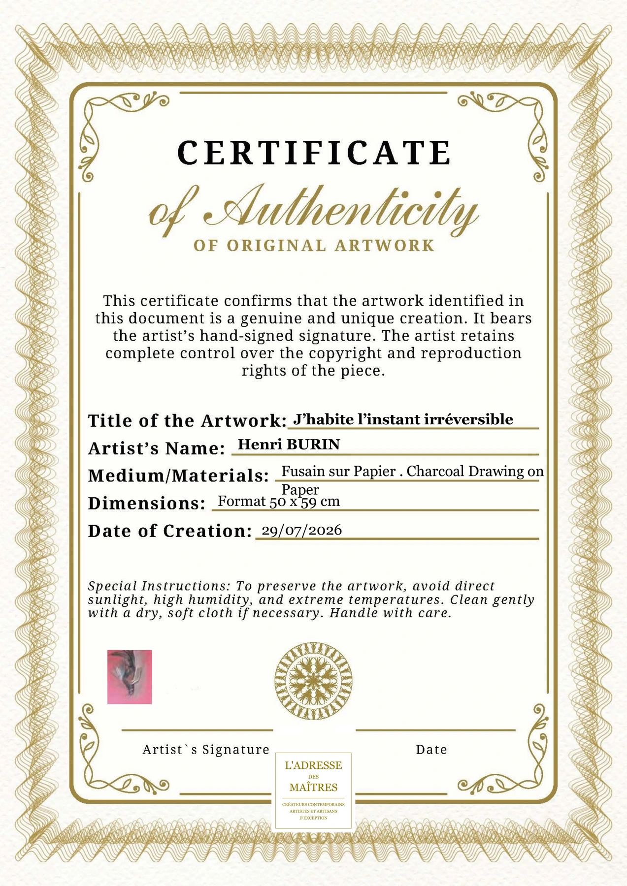 Certificat d'authenticité — J’habite l’instant irréversible — Henri BURIN