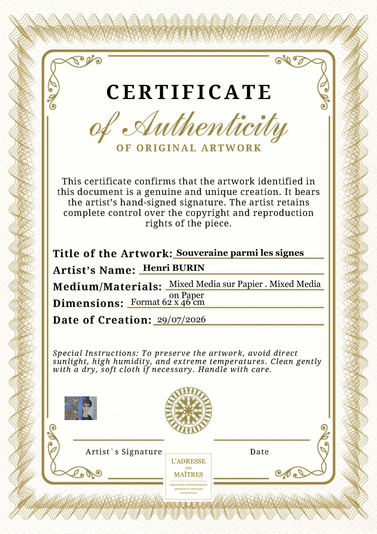 Certificat d'authenticité — Souveraine parmi les signes — Henri BURIN
