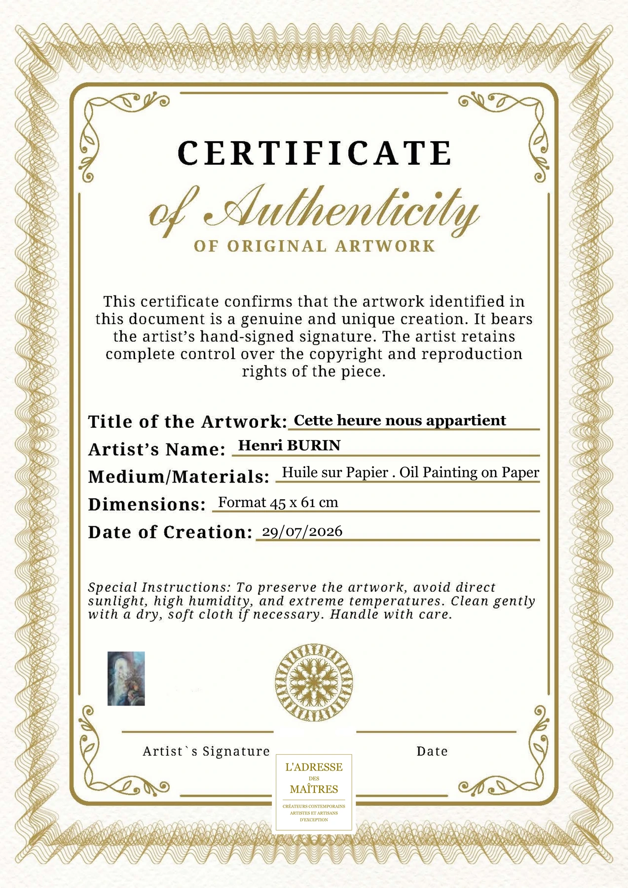 Certificat d'authenticité — Cette heure nous appartient — Henri BURIN