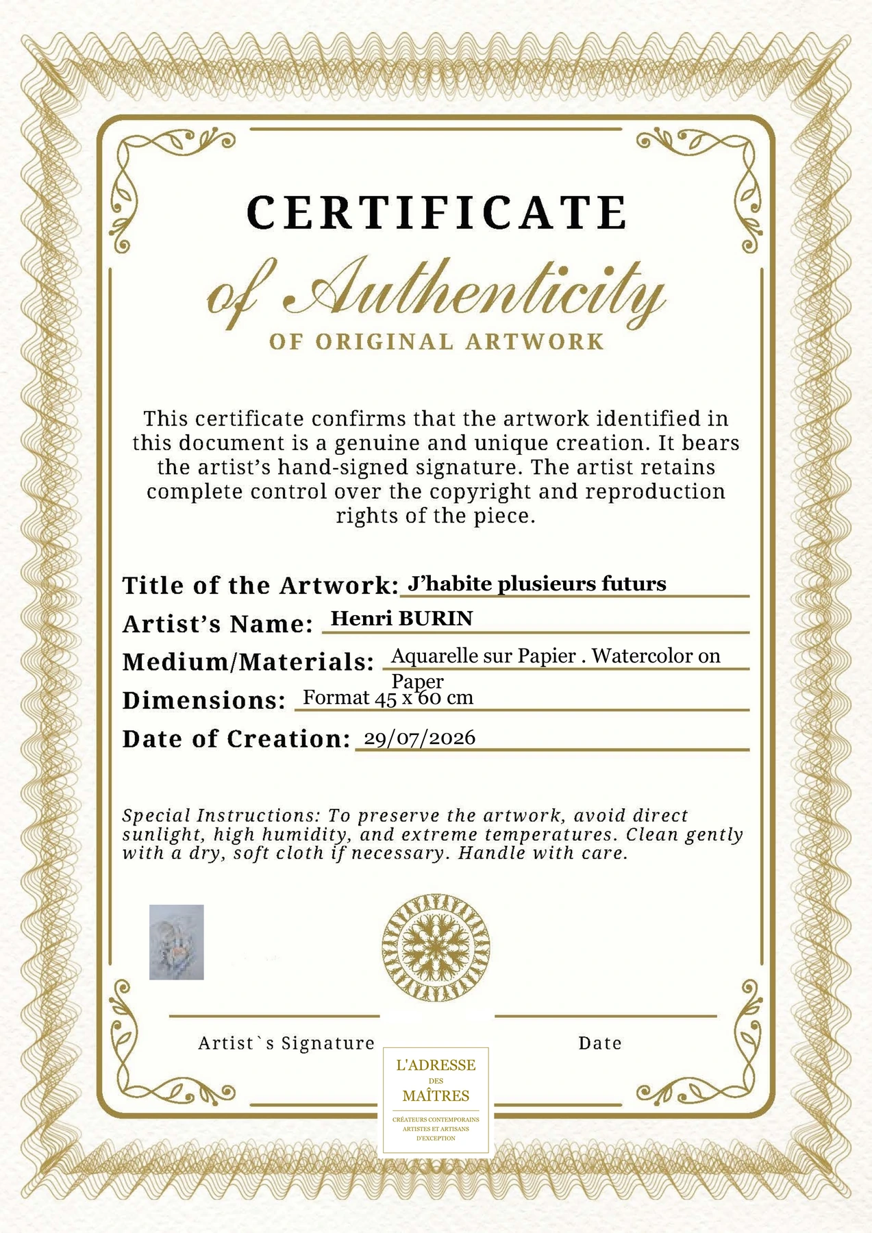 Certificat d'authenticité — J’habite plusieurs futurs — Henri BURIN