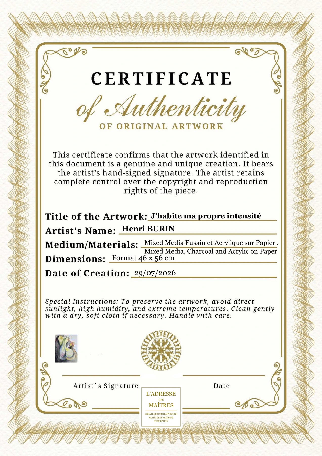 Certificat d'authenticité — J’habite ma propre intensité — Henri BURIN
