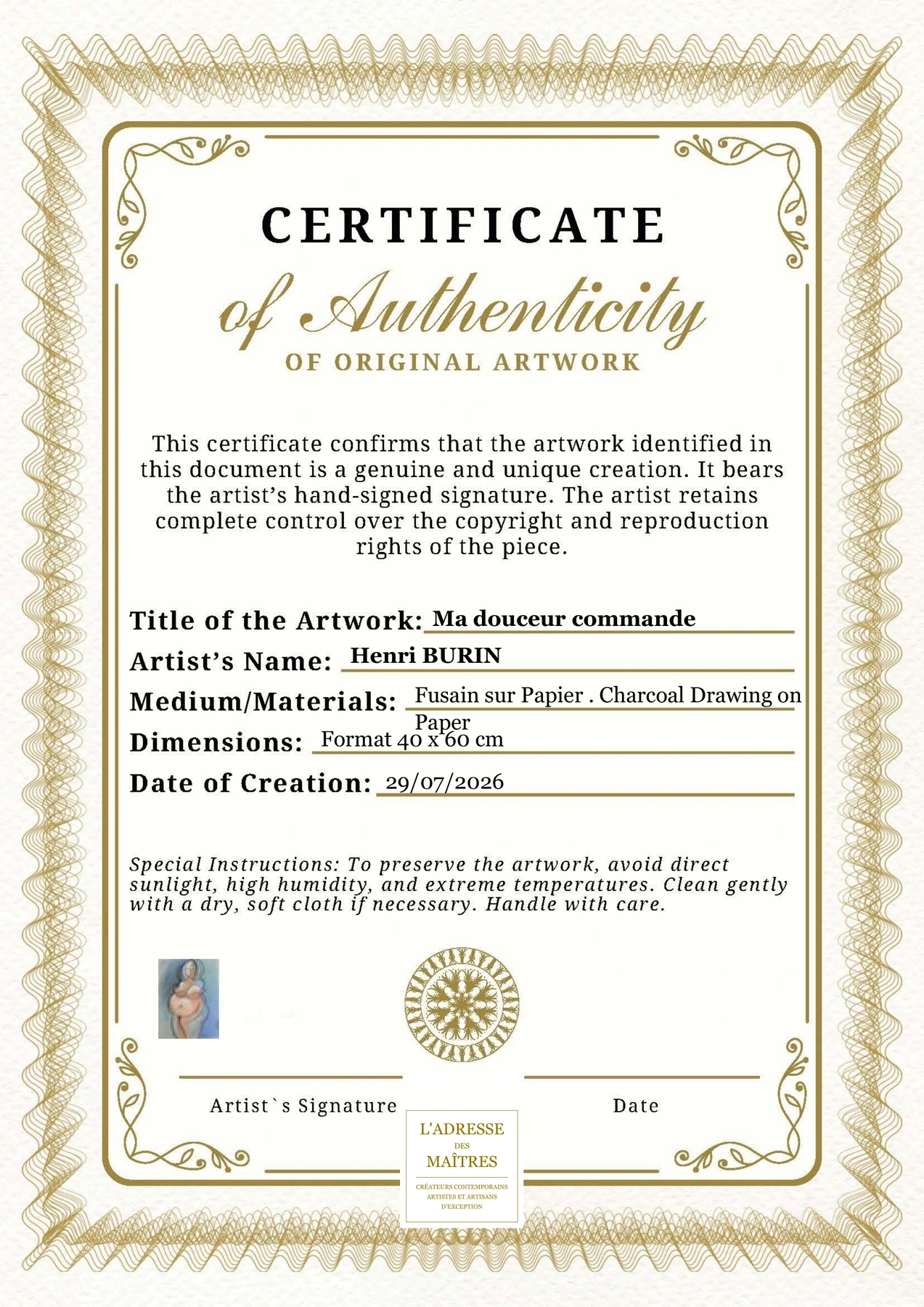 Certificat d'authenticité — Ma douceur commande — Henri BURIN