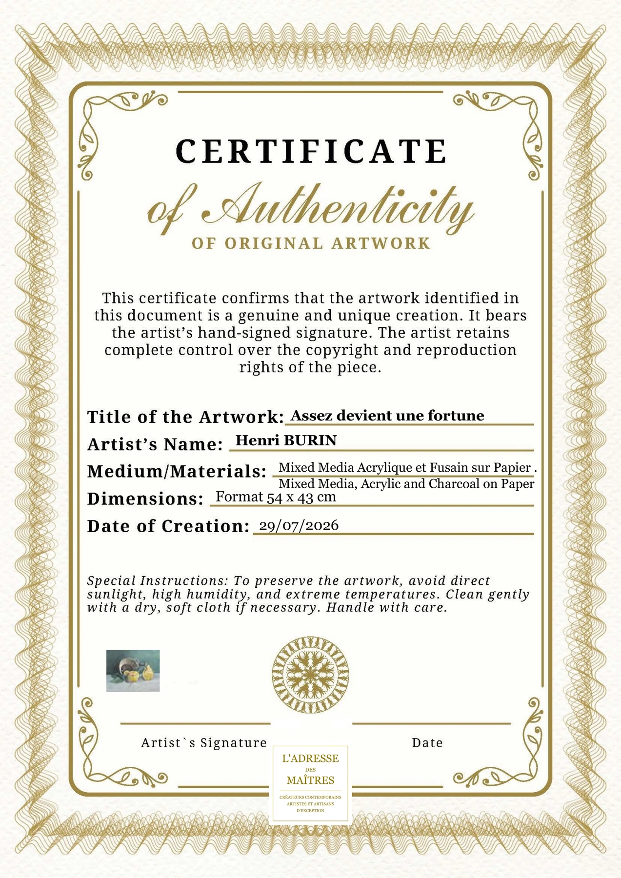 Certificat d'authenticité — Assez devient une fortune — Henri BURIN