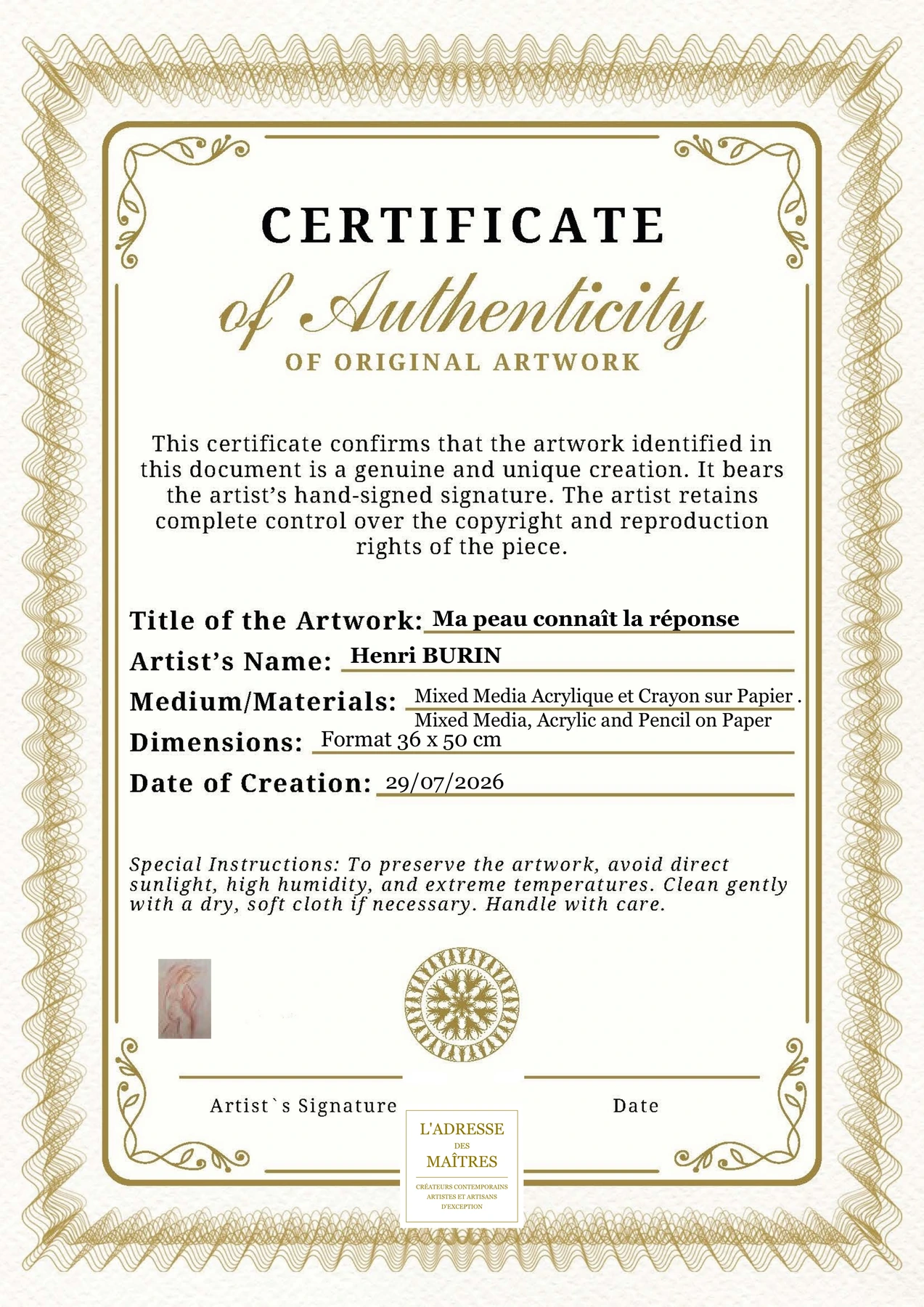 Certificat d'authenticité — Ma peau connaît la réponse — Henri BURIN