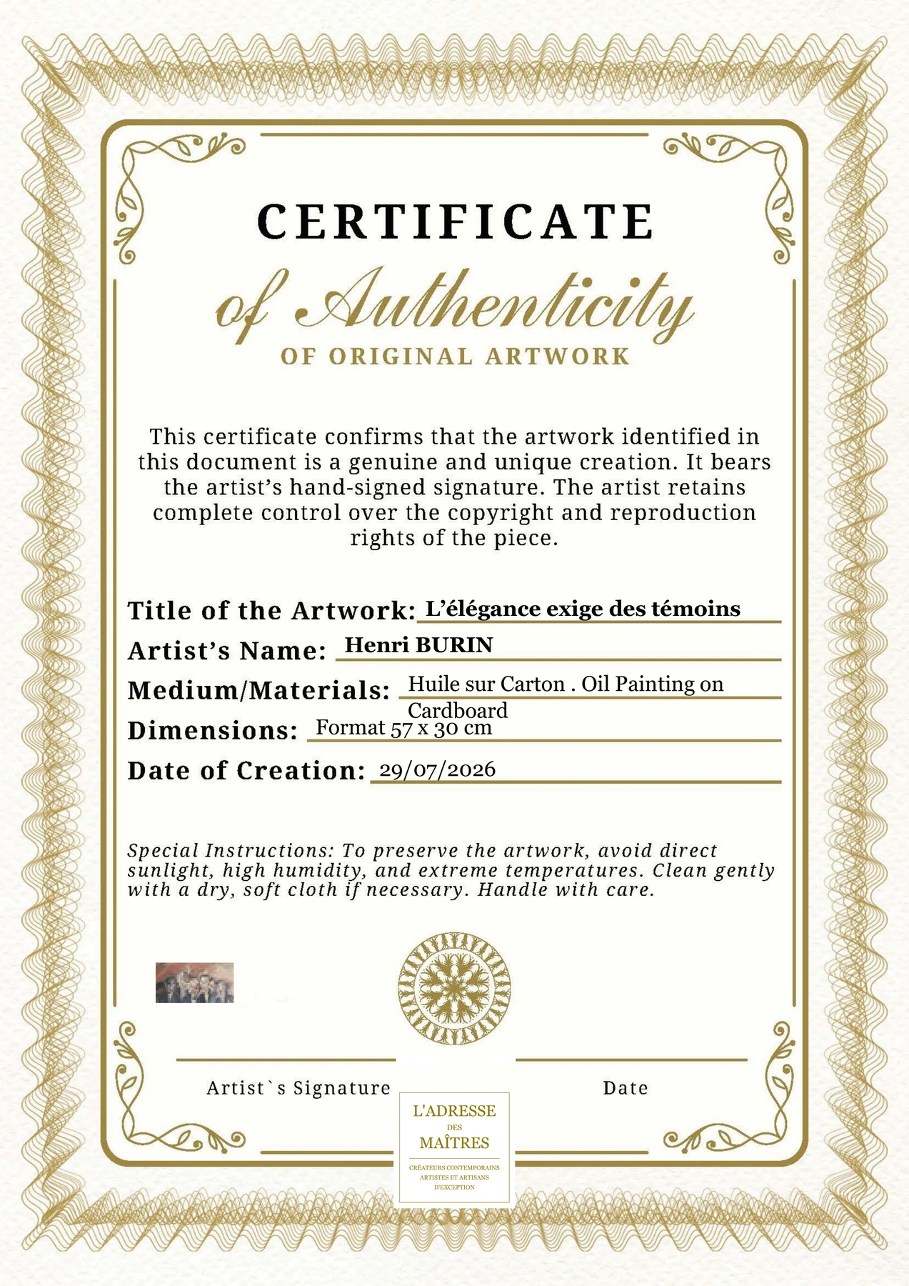 Certificat d'authenticité — L’élégance exige des témoins — Henri BURIN