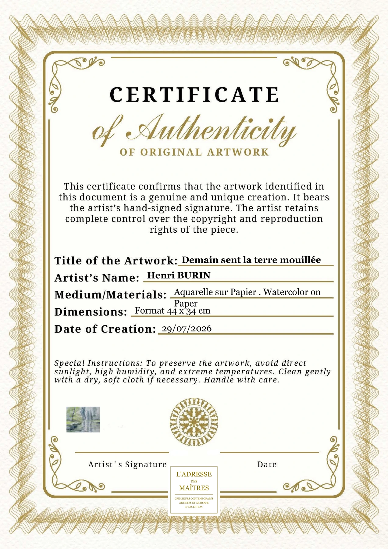 Certificat d'authenticité — Demain sent la terre mouillée — Henri BURIN
