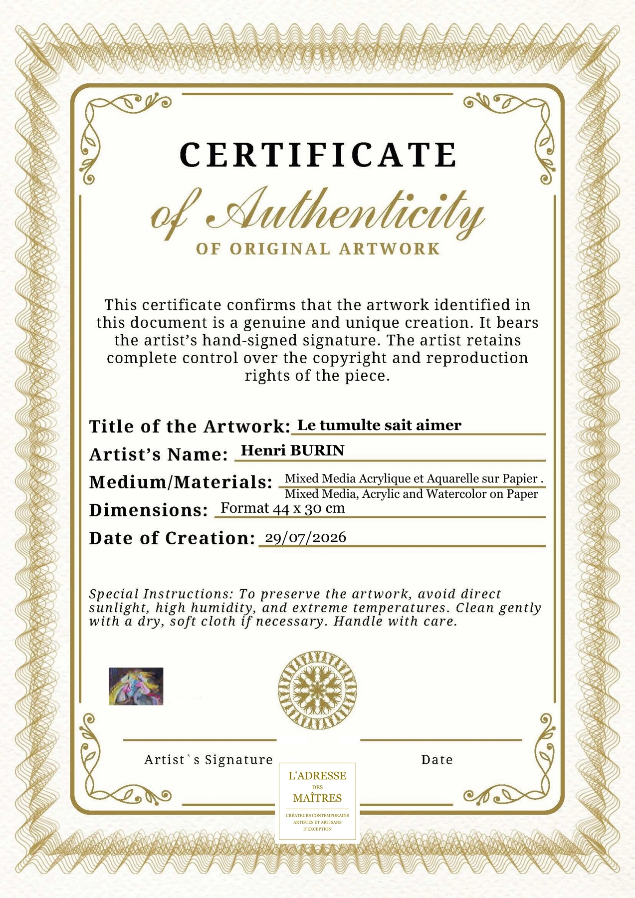 Certificat d'authenticité — Le tumulte sait aimer — Henri BURIN