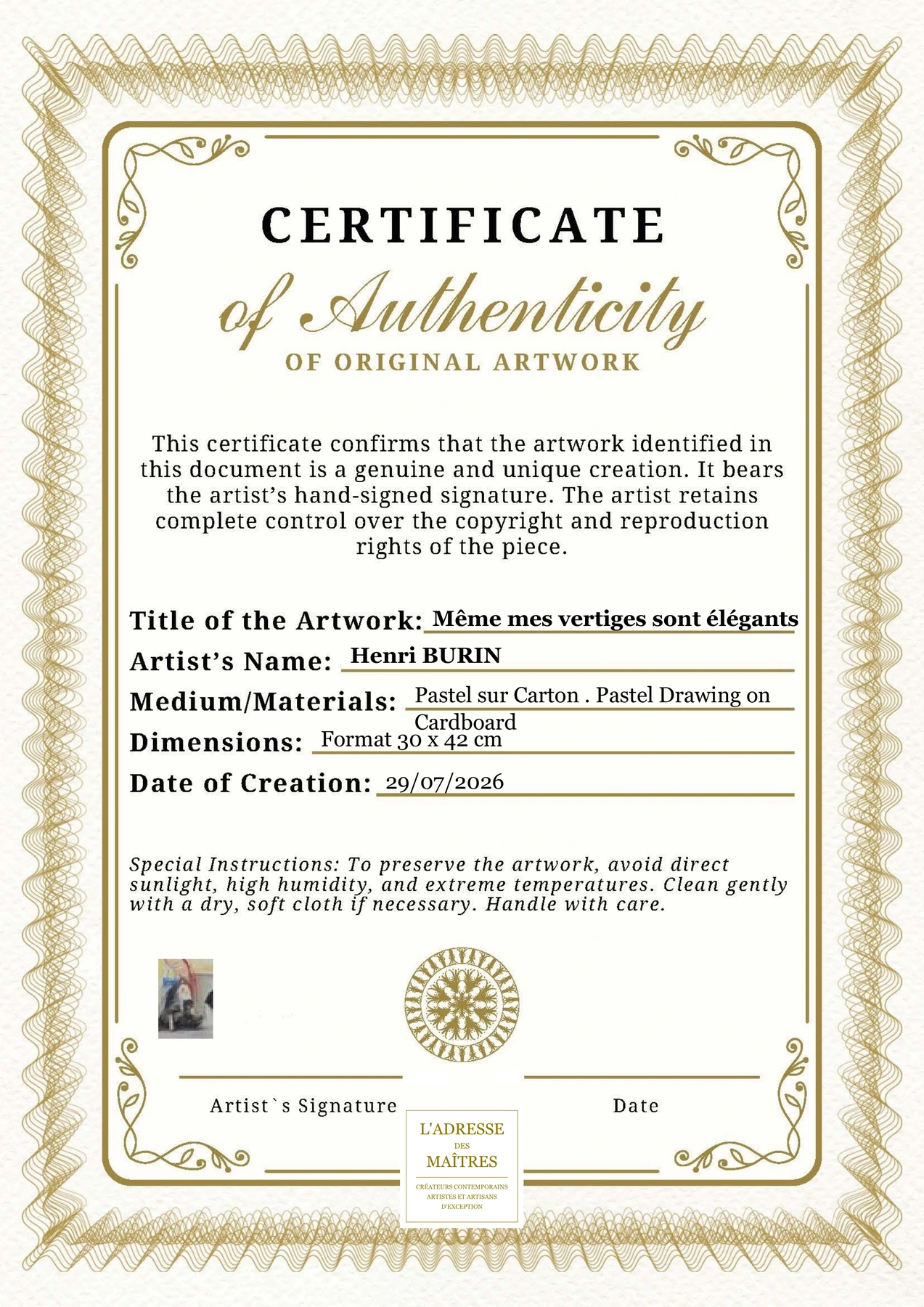 Certificat d'authenticité — Même mes vertiges sont élégants — Henri BURIN