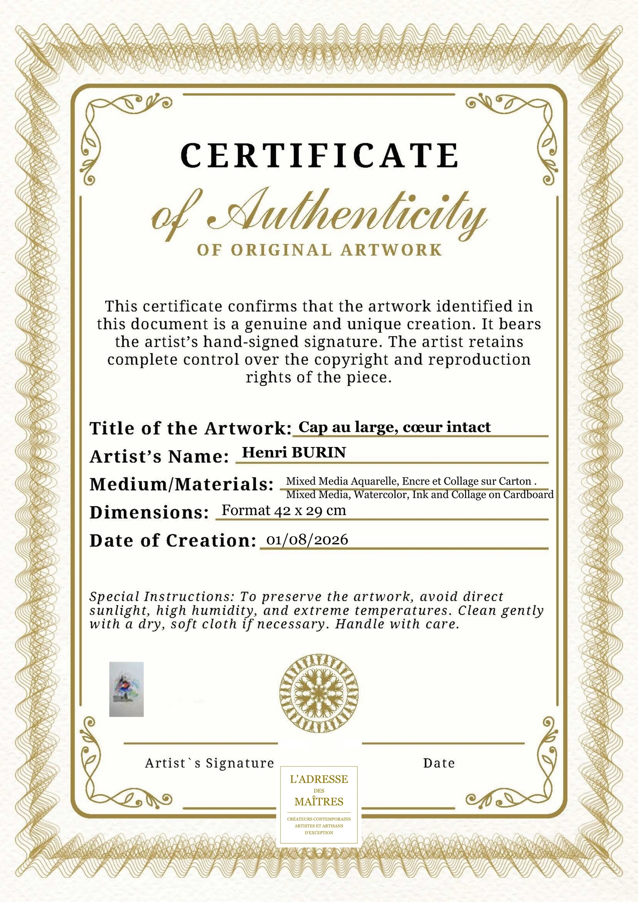 Certificat d'authenticité - Cap au large, cœur intact - Henri BURIN