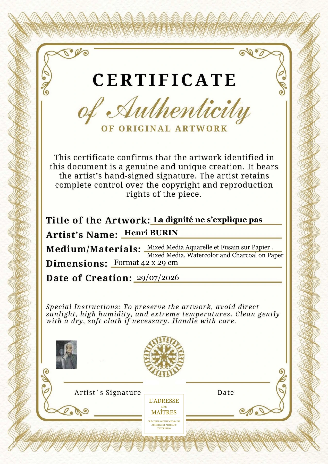 Certificat d'authenticité — La dignité ne s’explique pas — Henri BURIN