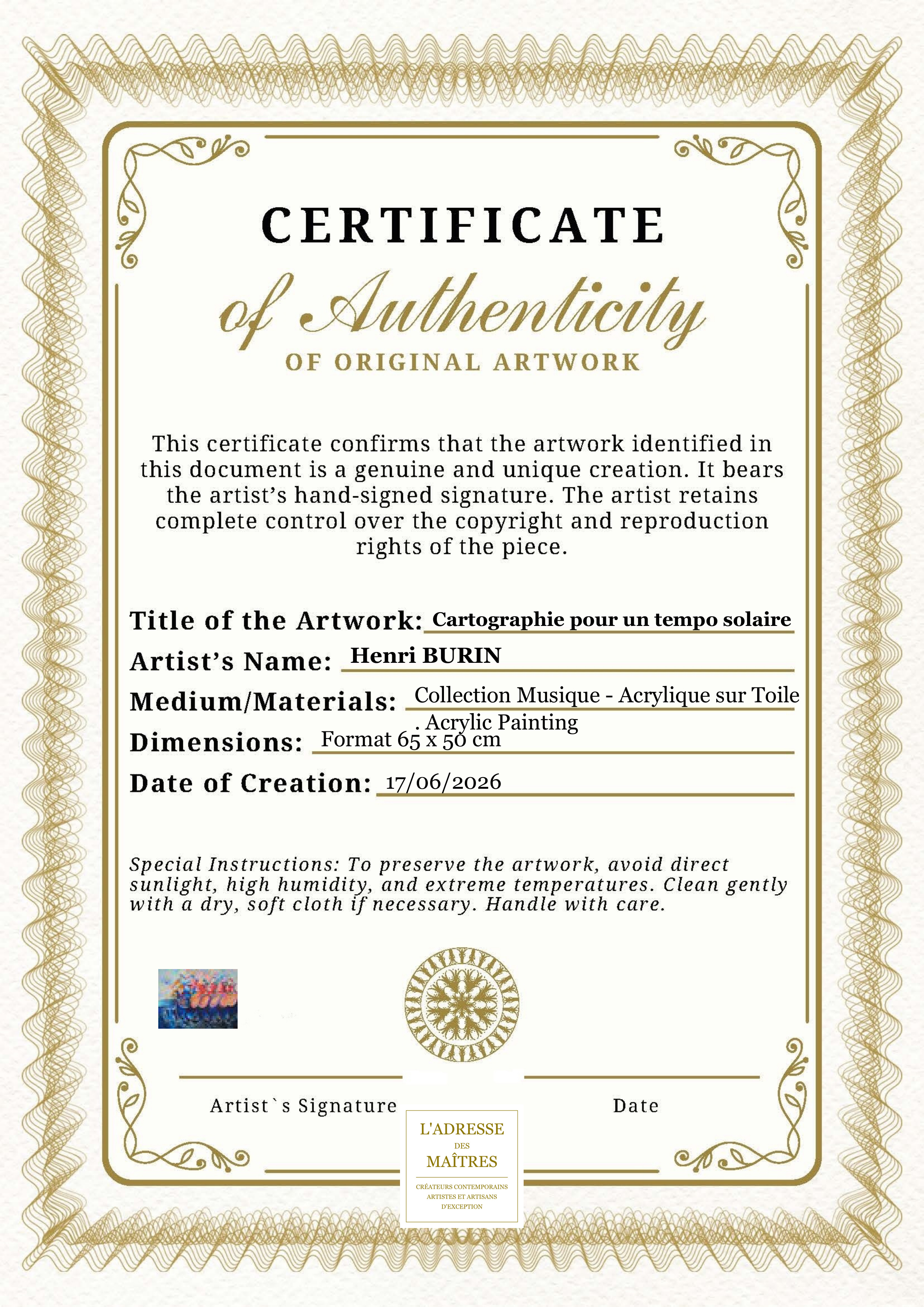 Certificat d'authenticité — Cartographie pour un tempo solaire — Henri BURIN