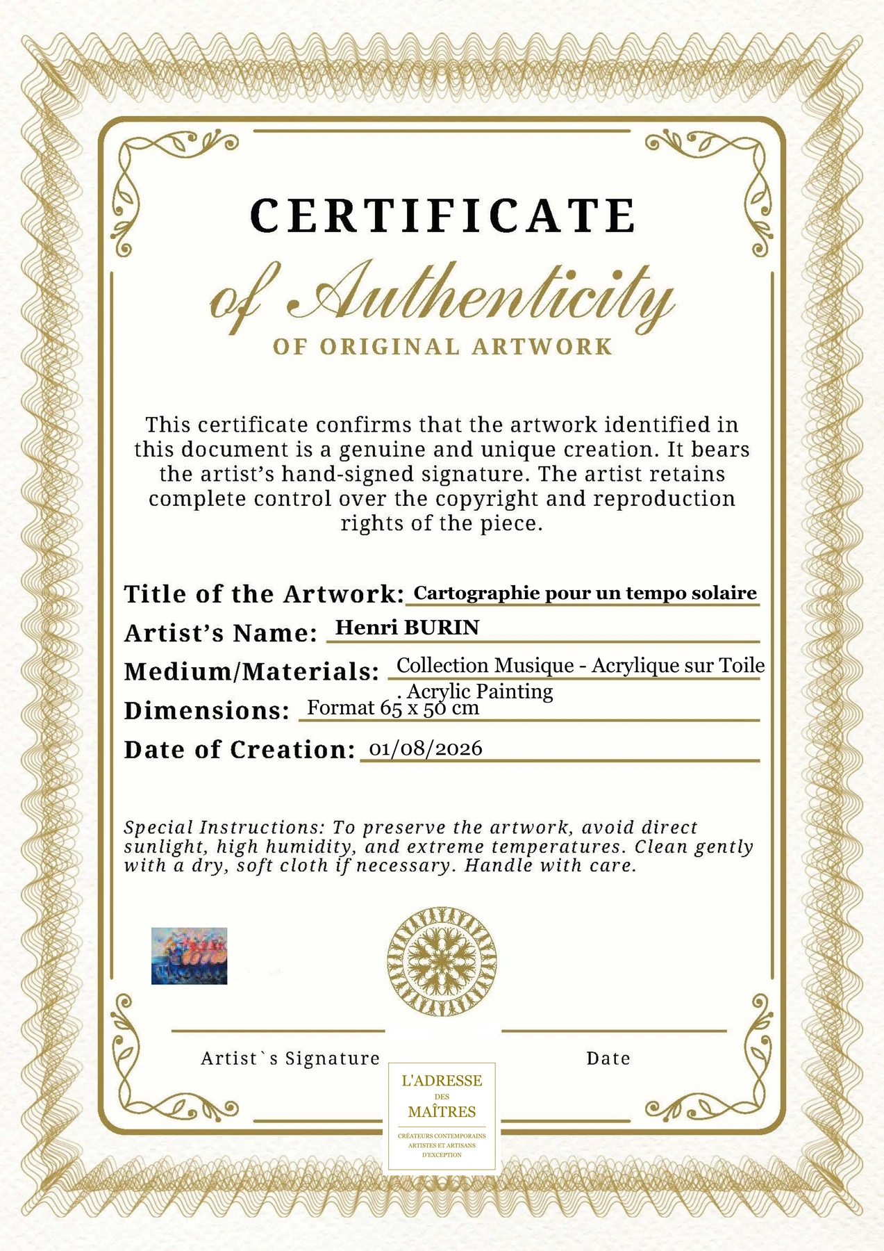 Certificat d'authenticité — Cartographie pour un tempo solaire — Henri BURIN