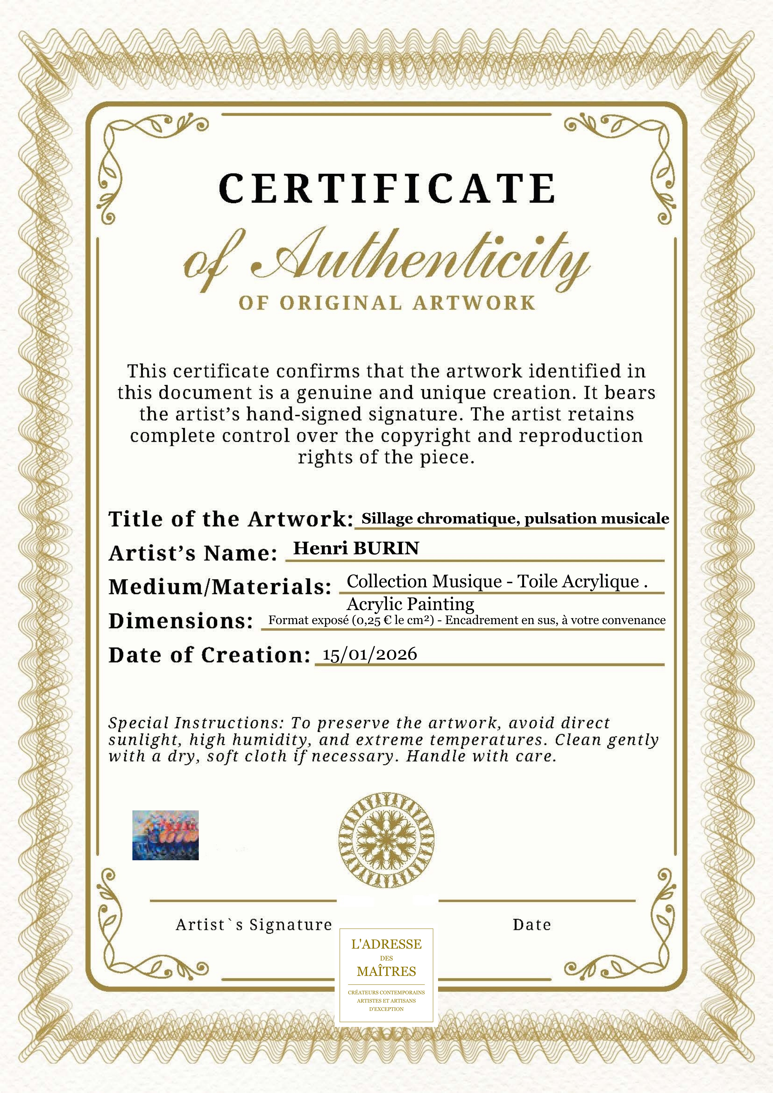 Certificat d'authenticité — Sillage chromatique, pulsation musicale — Henri BURIN