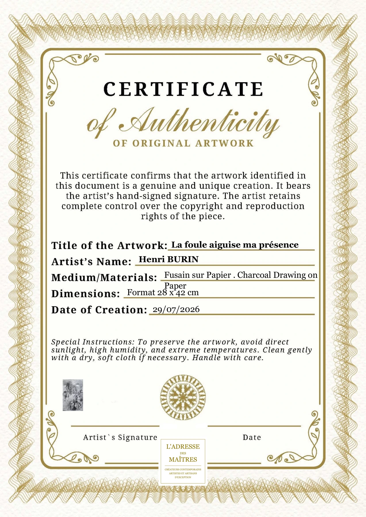 Certificat d'authenticité — La foule aiguise ma présence — Henri BURIN