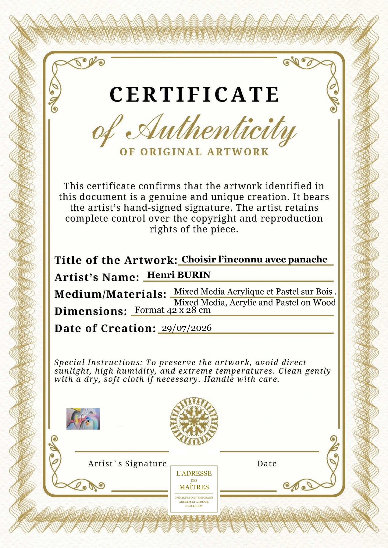 Certificat d'authenticité — Choisir l’inconnu avec panache — Henri BURIN