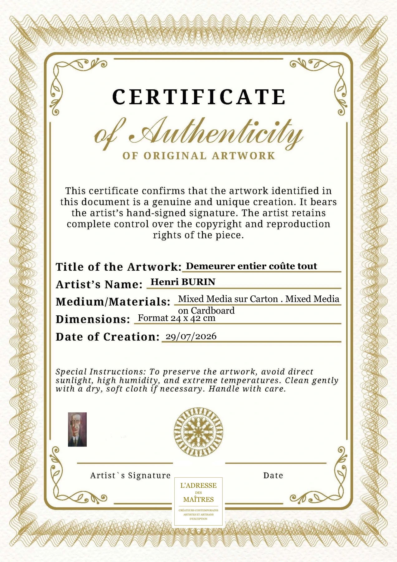 Certificat d'authenticité — Demeurer entier coûte tout — Henri BURIN