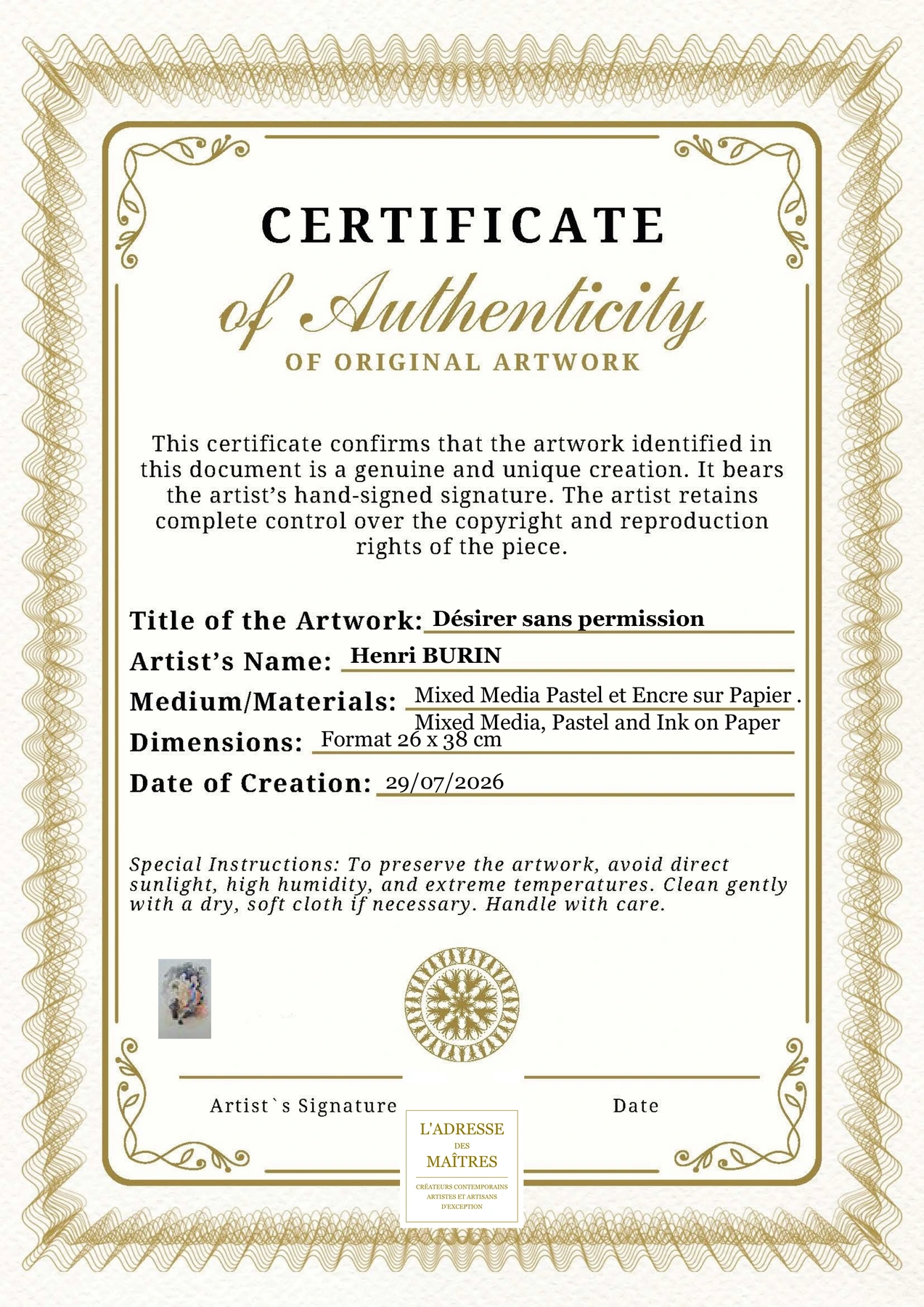 Certificat d'authenticité — Désirer sans permission — Henri BURIN