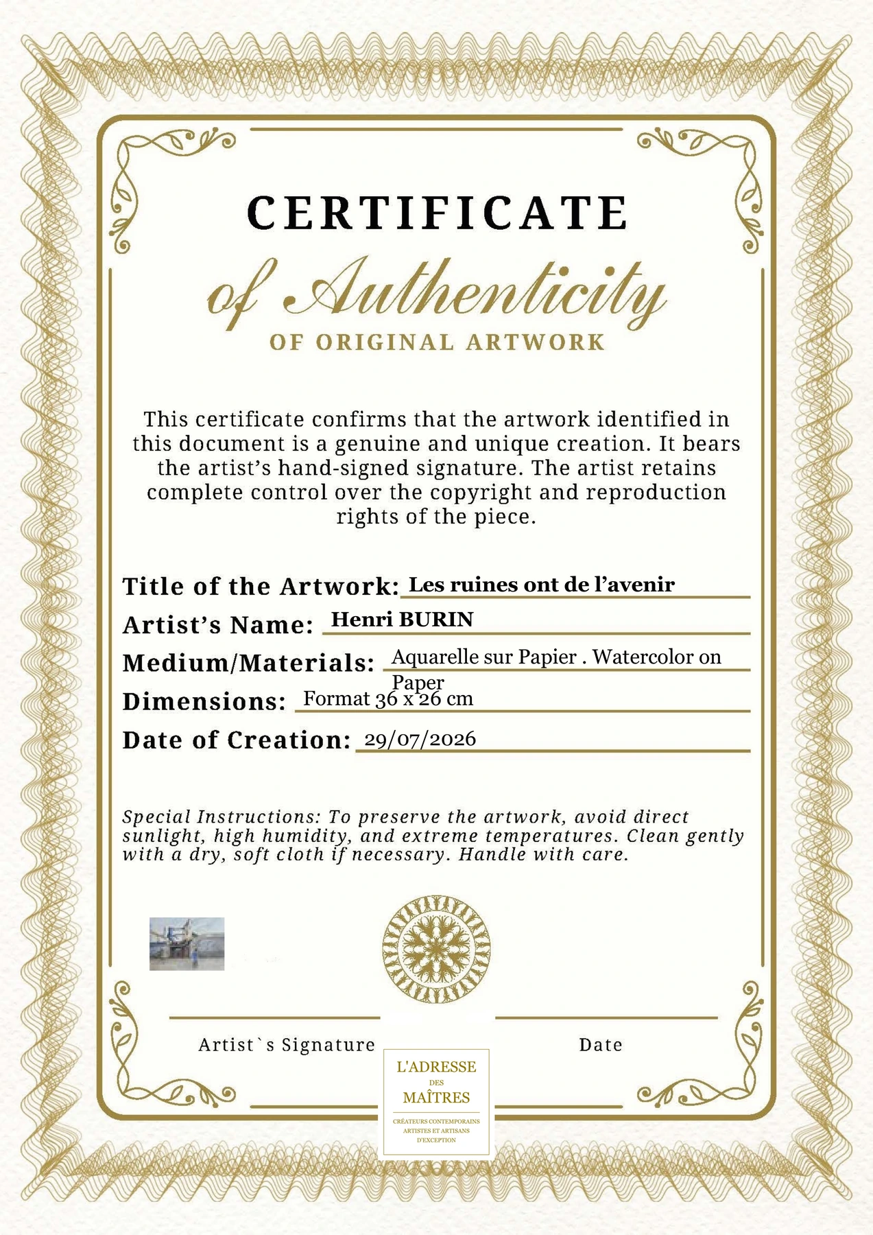 Certificat d'authenticité — Les ruines ont de l’avenir — Henri BURIN