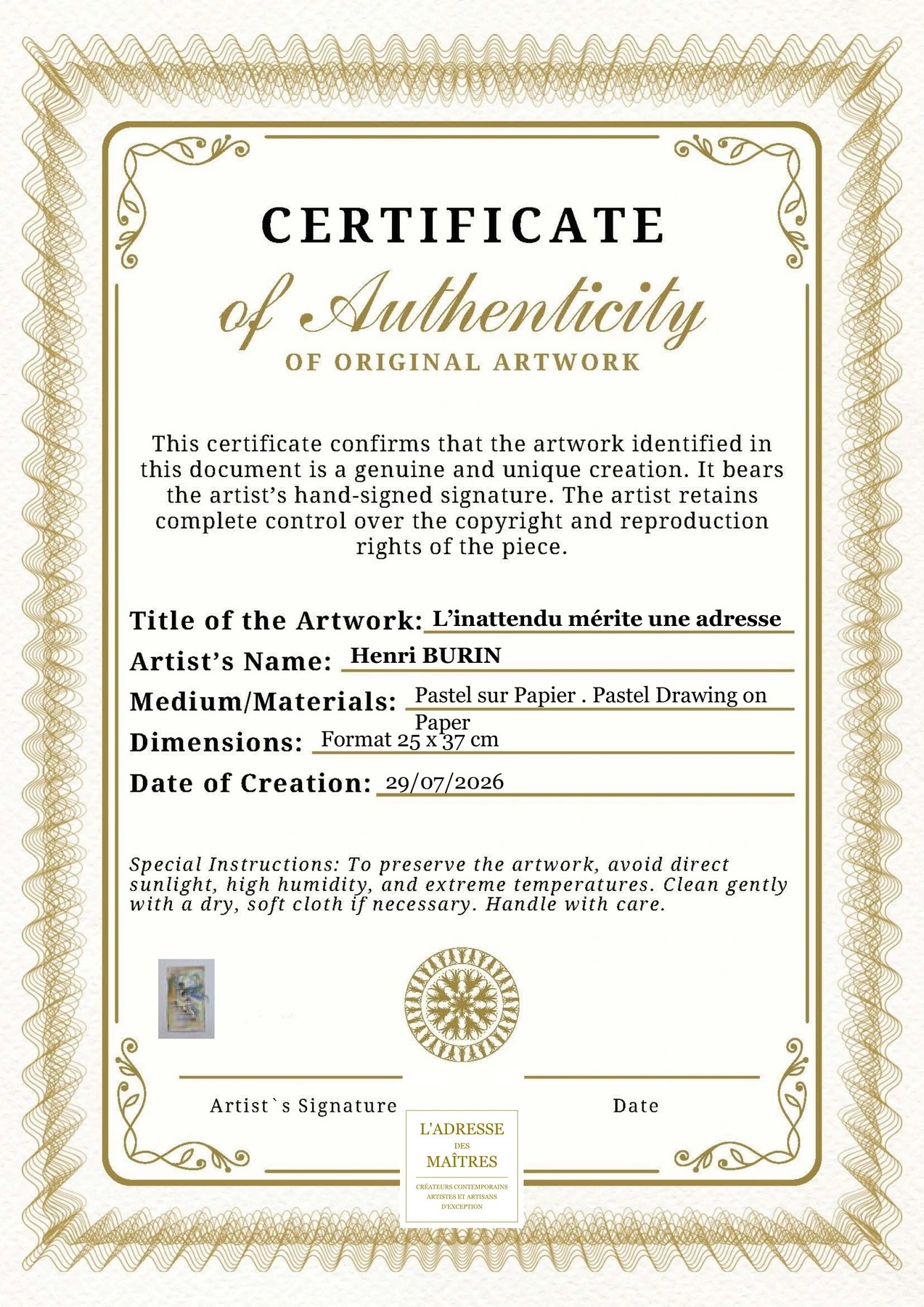 Certificat d'authenticité — L’inattendu mérite une adresse — Henri BURIN