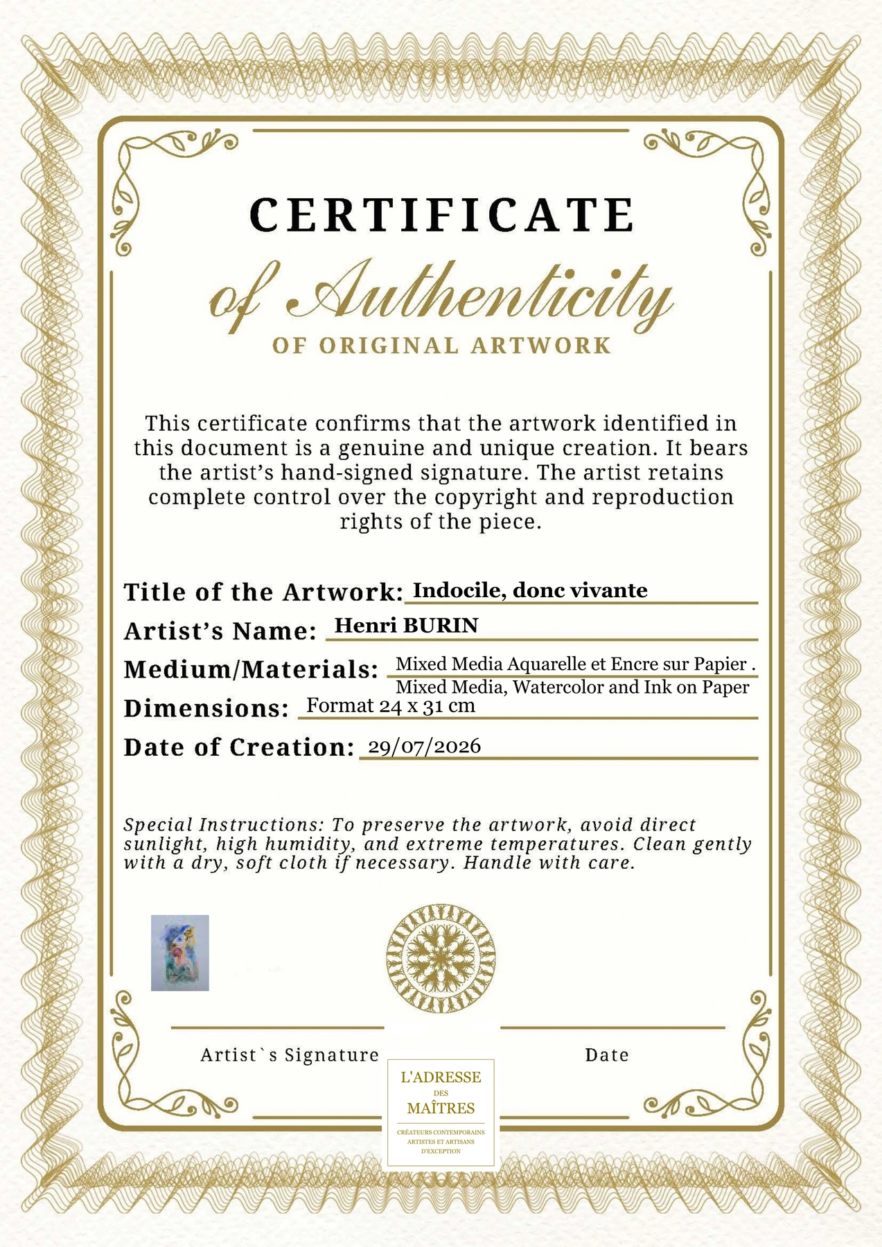 Certificat d'authenticité — Indocile, donc vivante — Henri BURIN