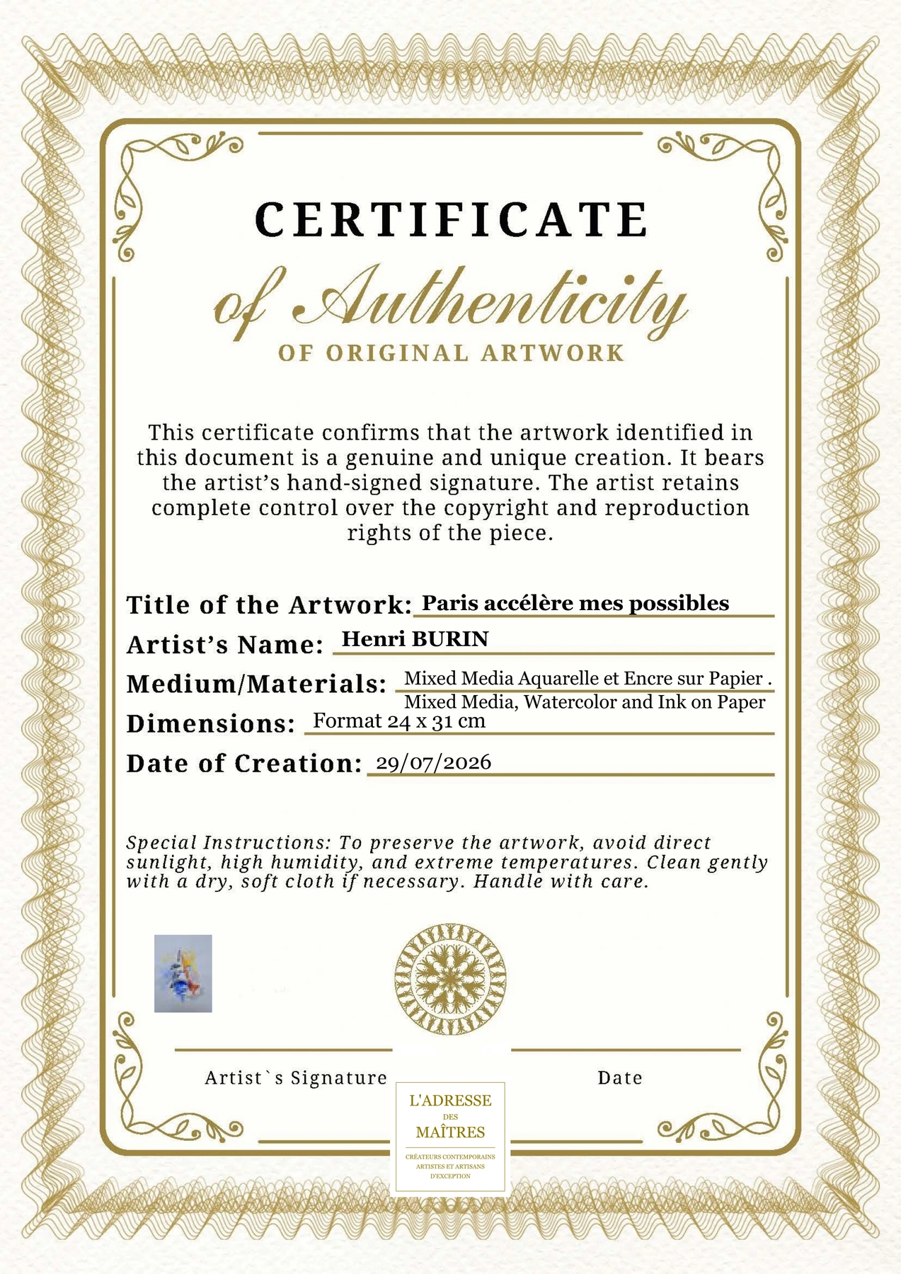 Certificat d'authenticité — Paris accélère mes possibles — Henri BURIN