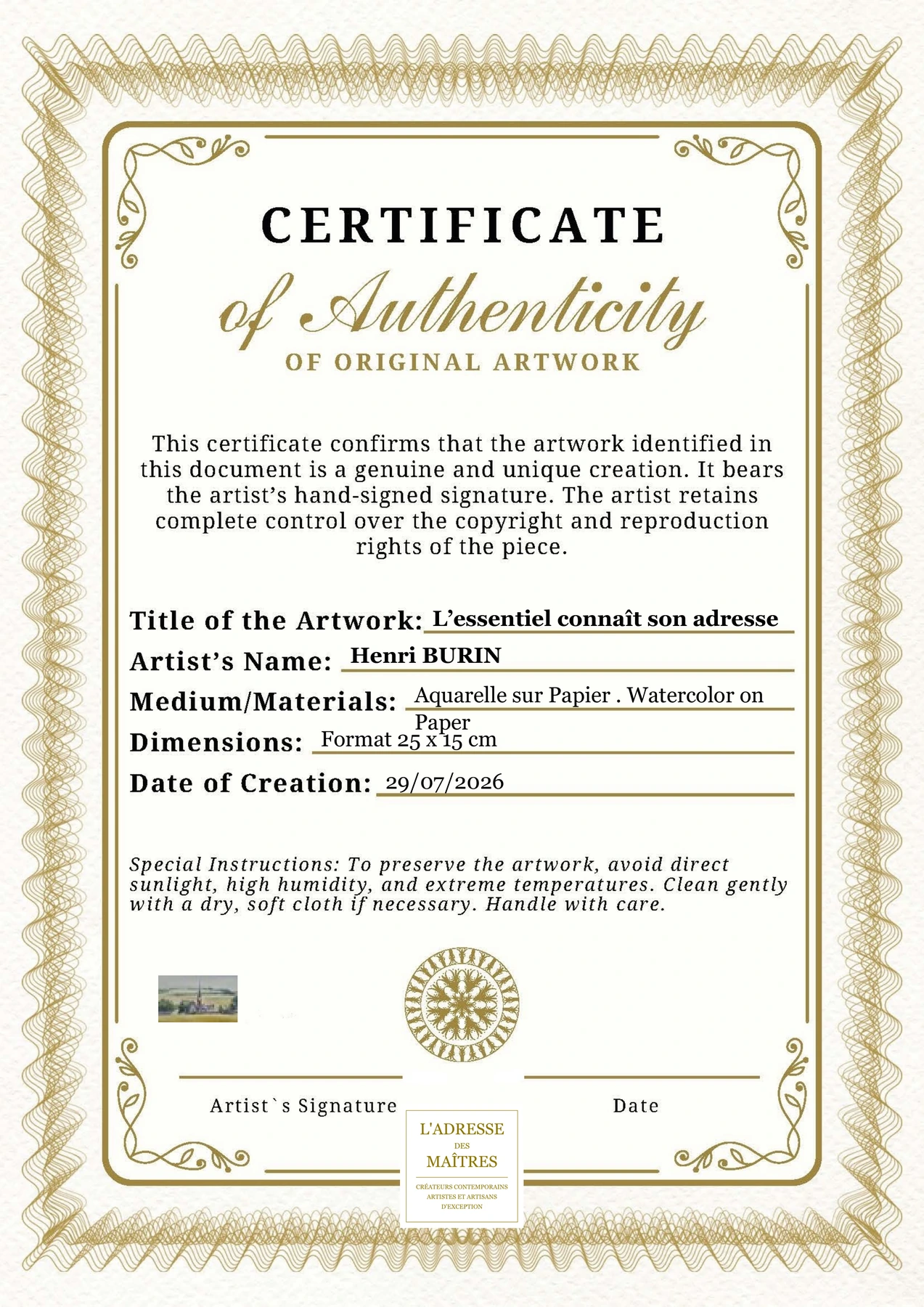 Certificat d'authenticité — L’essentiel connaît son adresse — Henri BURIN