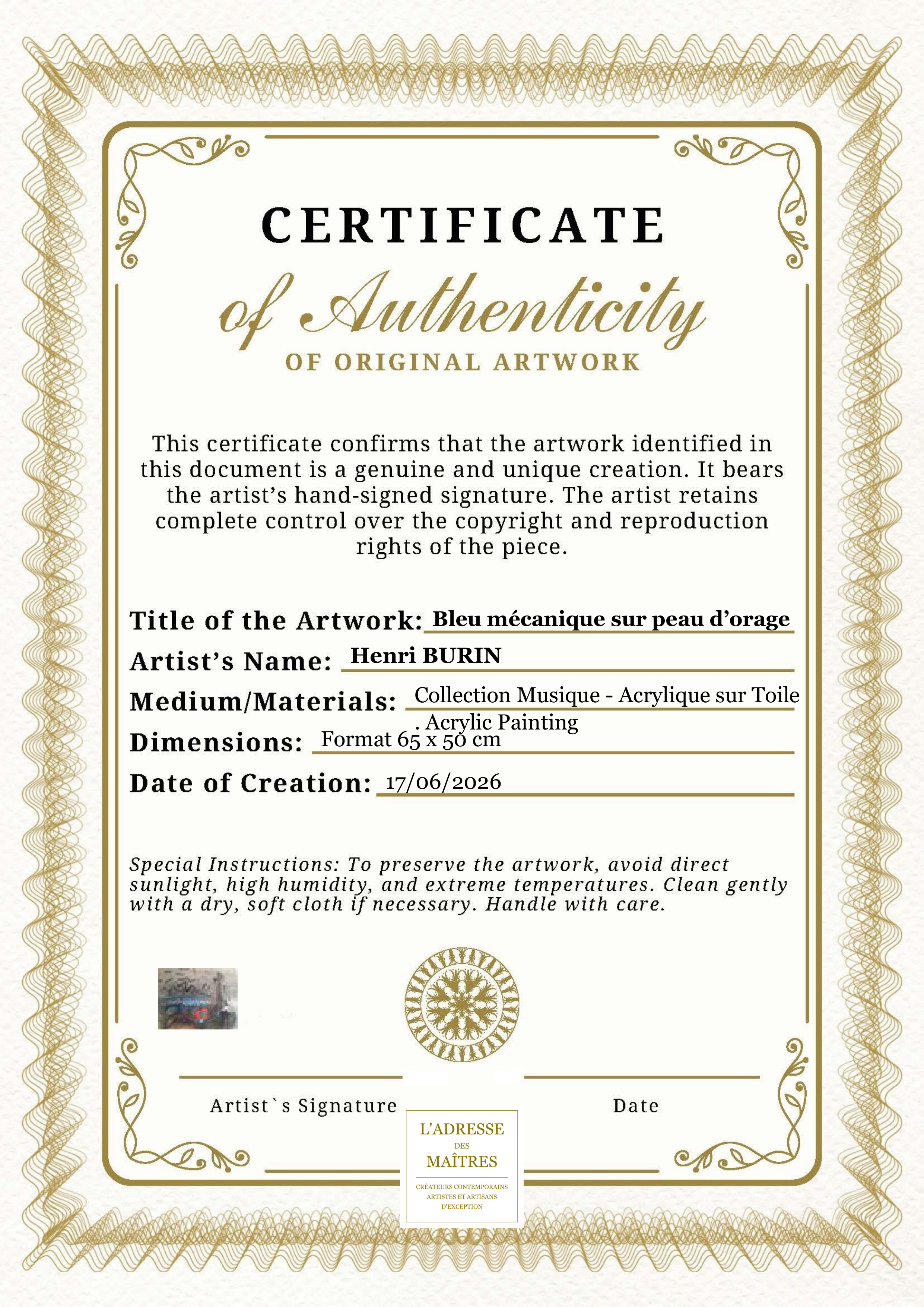 Certificat d'authenticité — Bleu mécanique sur peau d’orage — Henri BURIN