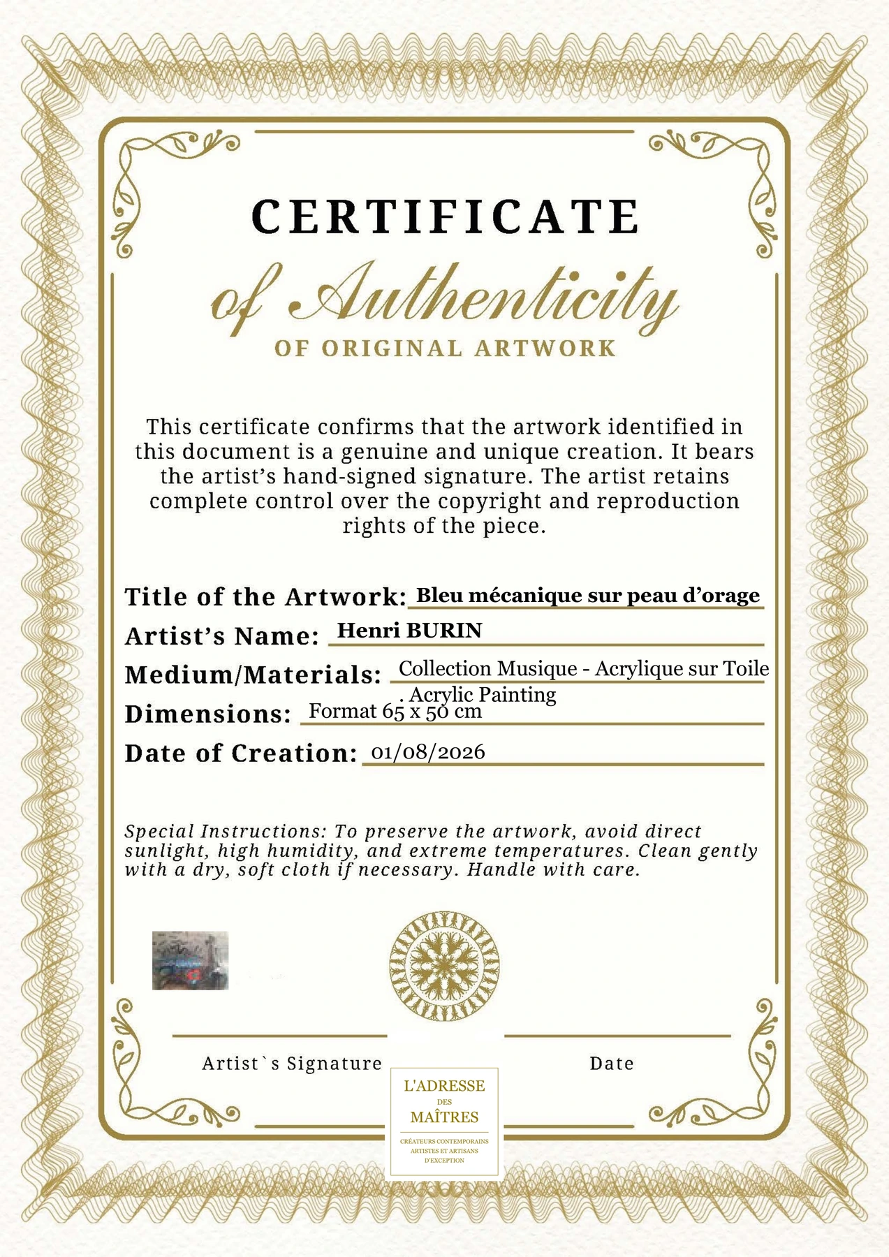 Certificat d'authenticité — Bleu mécanique sur peau d’orage — Henri BURIN
