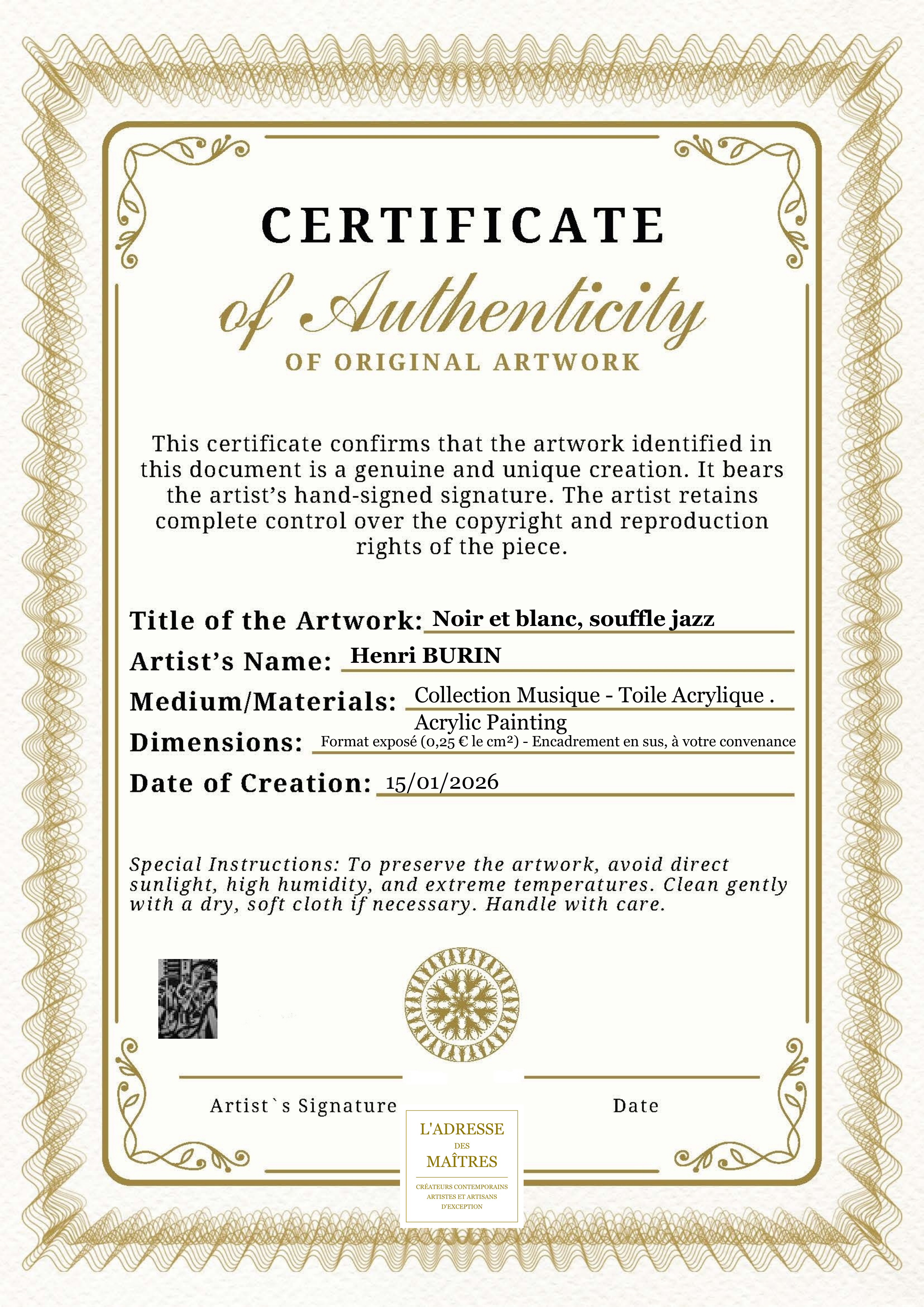 Certificat d'authenticité — Noir et blanc, souffle jazz — Henri BURIN