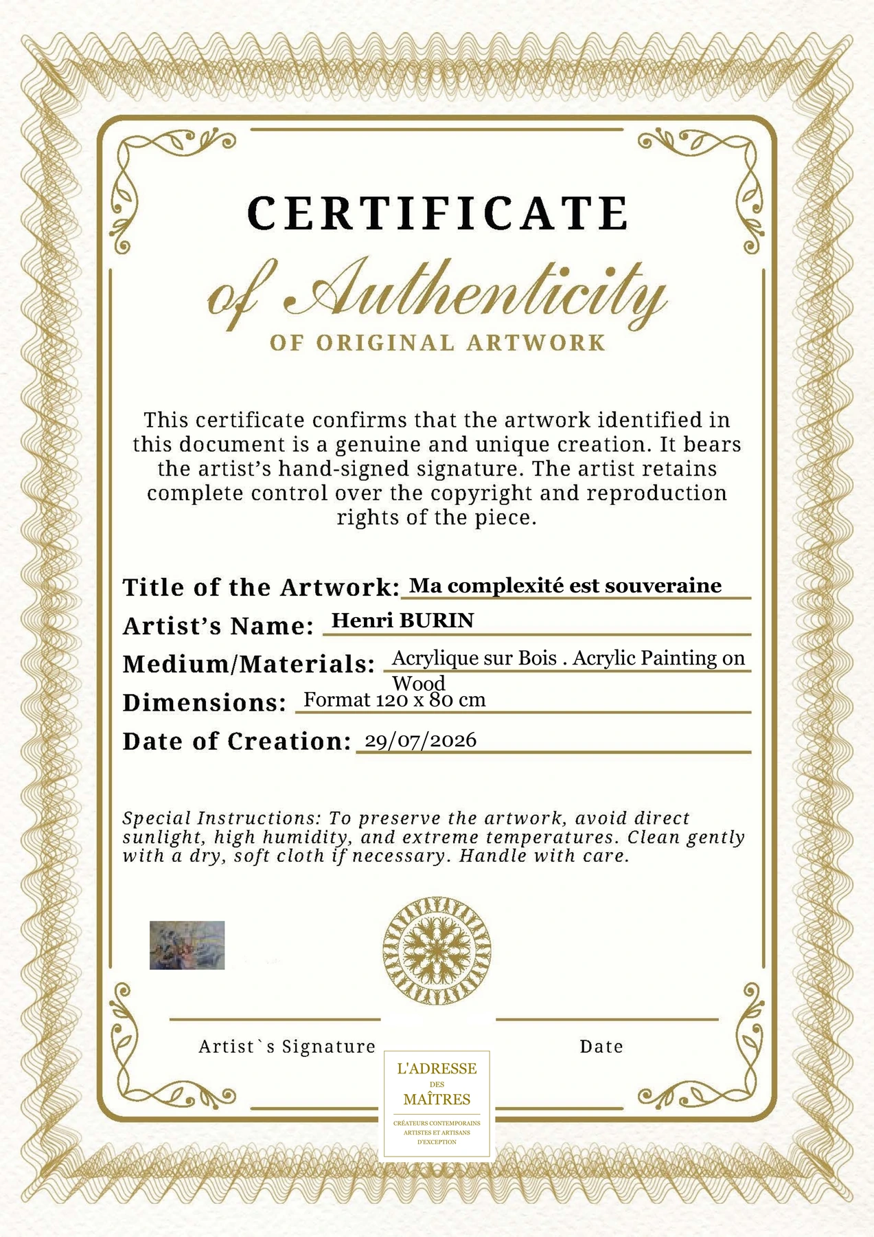 Certificat d'authenticité — Ma complexité est souveraine — Henri BURIN