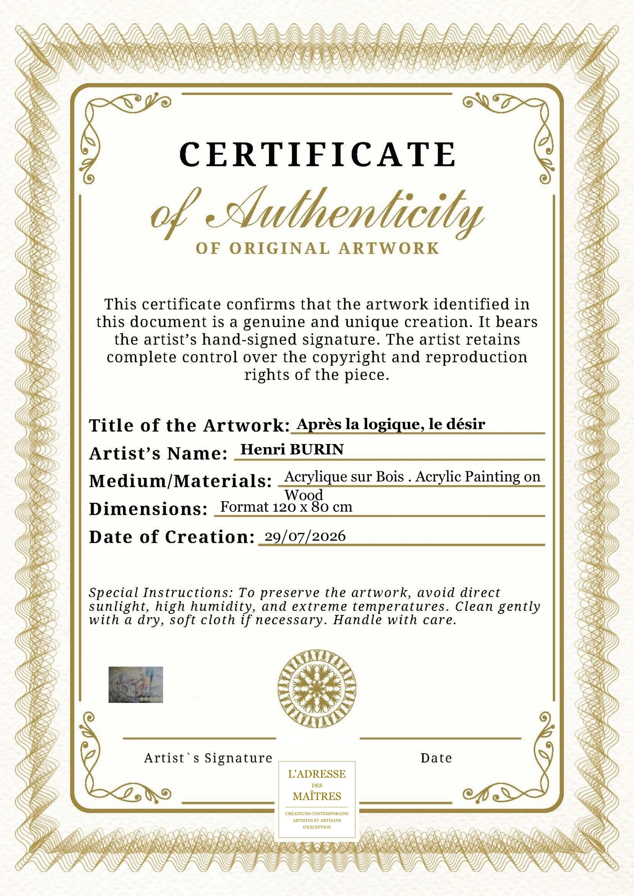 Certificat d'authenticité — Après la logique, le désir — Henri BURIN
