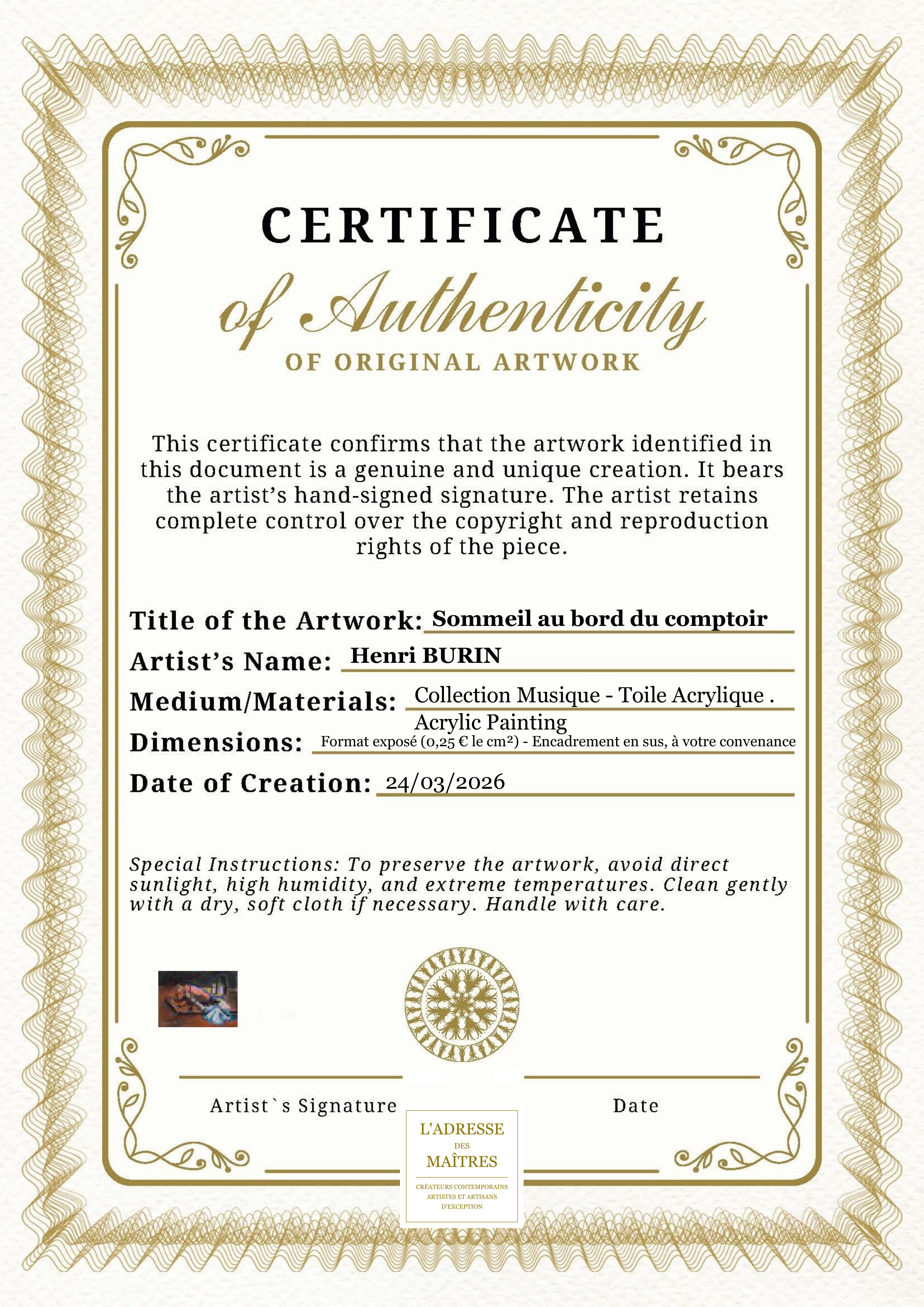 Certificat d'authenticité — Sommeil au bord du comptoir — Henri BURIN