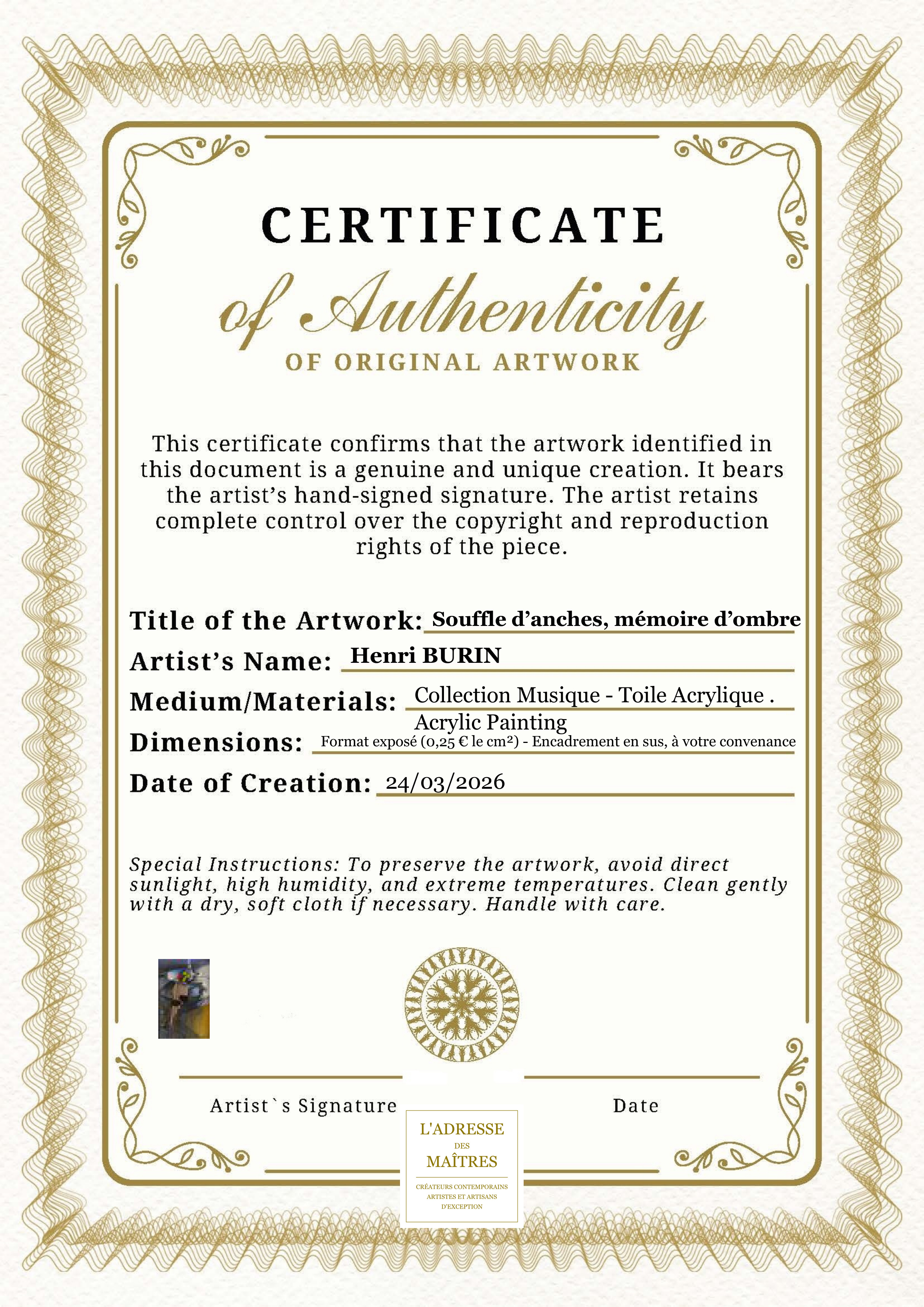 Certificat d'authenticité — Souffle d’anches, mémoire d’ombre — Henri BURIN