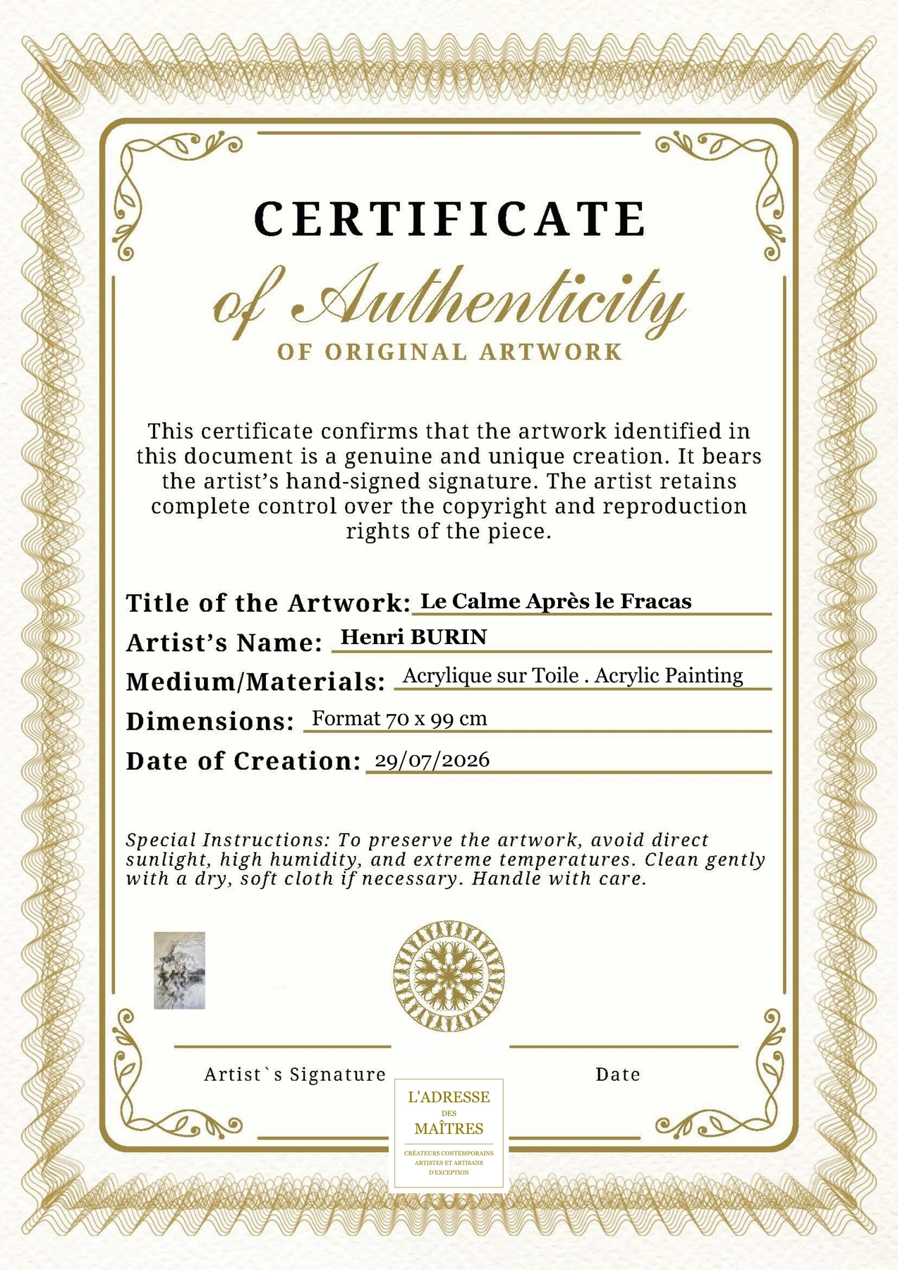 Certificat d'authenticité — Le Calme Après le Fracas — Henri BURIN