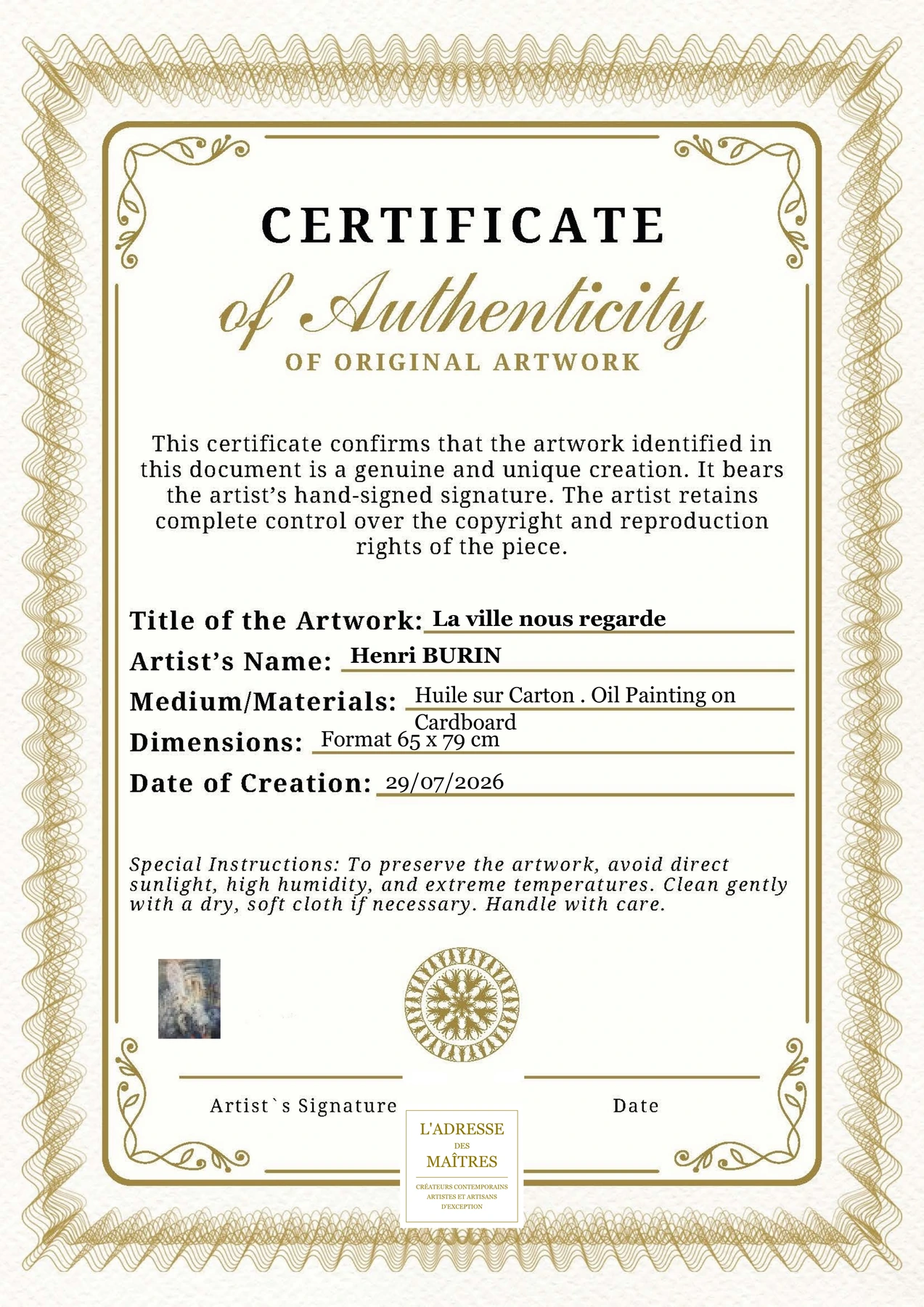 Certificat d'authenticité — La ville nous regarde — Henri BURIN
