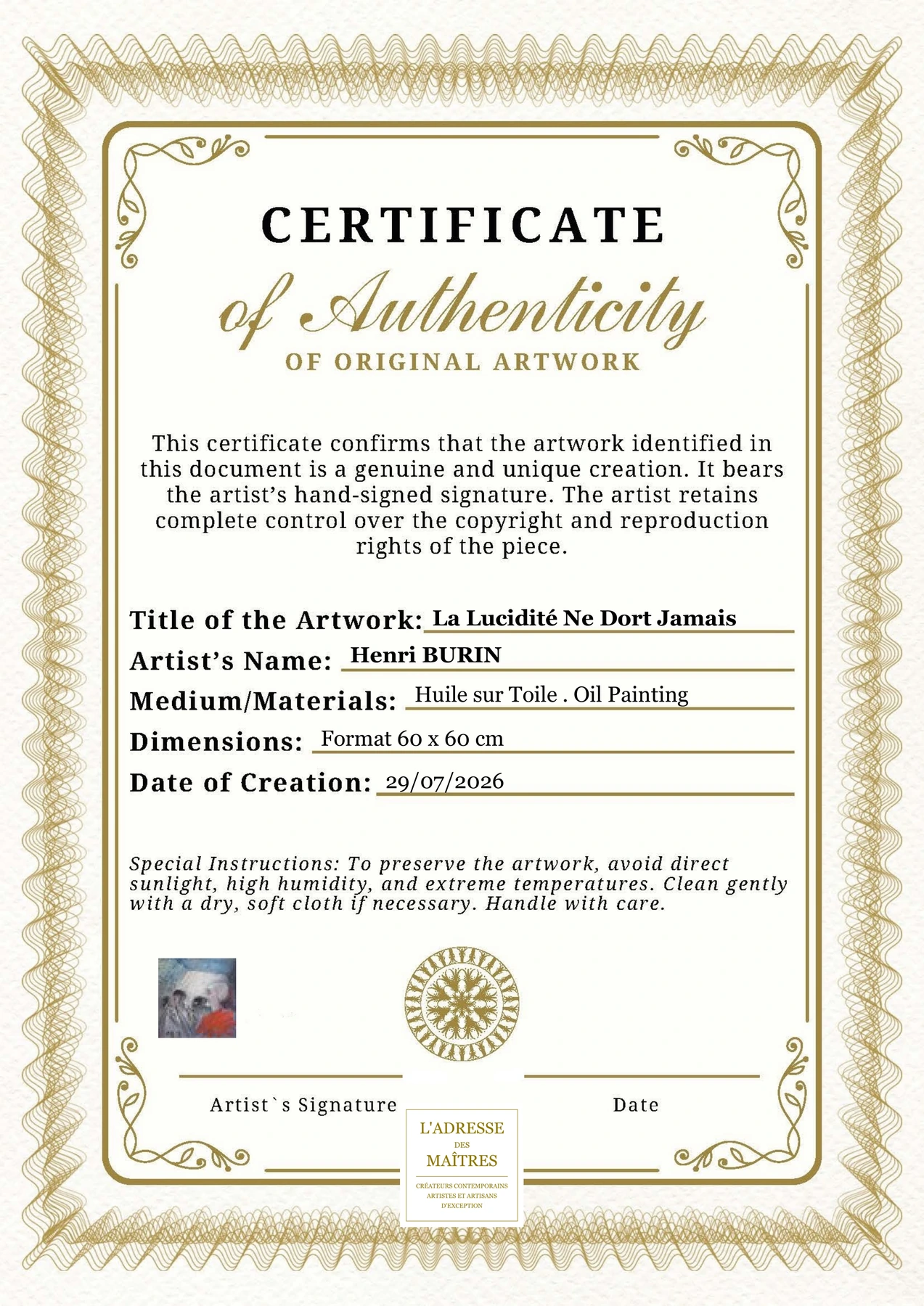 Certificat d'authenticité — La Lucidité Ne Dort Jamais — Henri BURIN