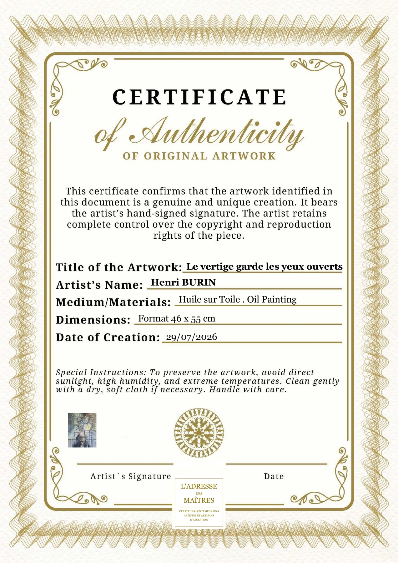 Certificat d'authenticité — Le vertige garde les yeux ouverts — Henri BURIN