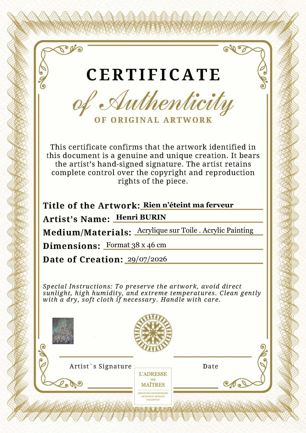 Certificat d'authenticité — Rien n’éteint ma ferveur — Henri BURIN