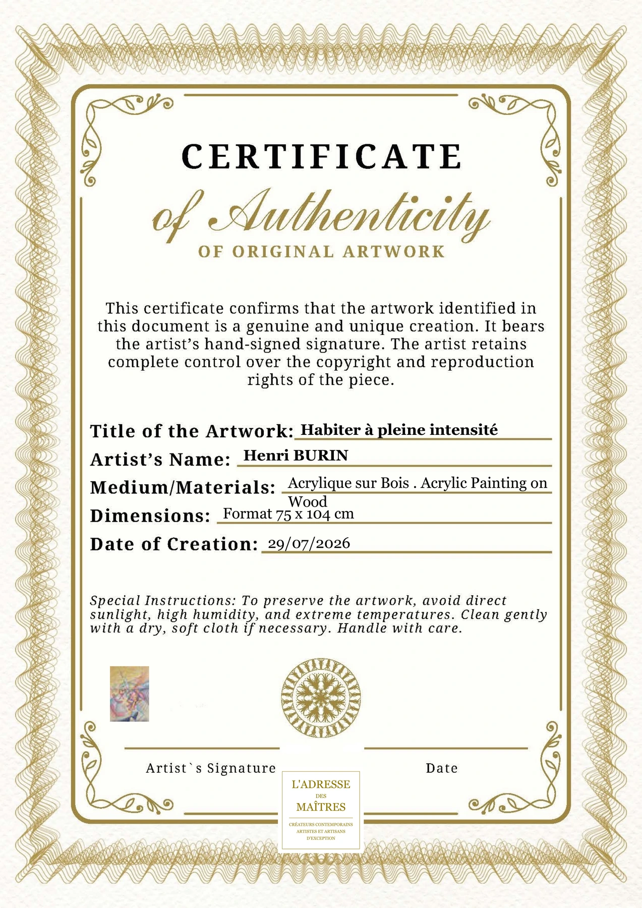 Certificat d'authenticité — Habiter à pleine intensité — Henri BURIN