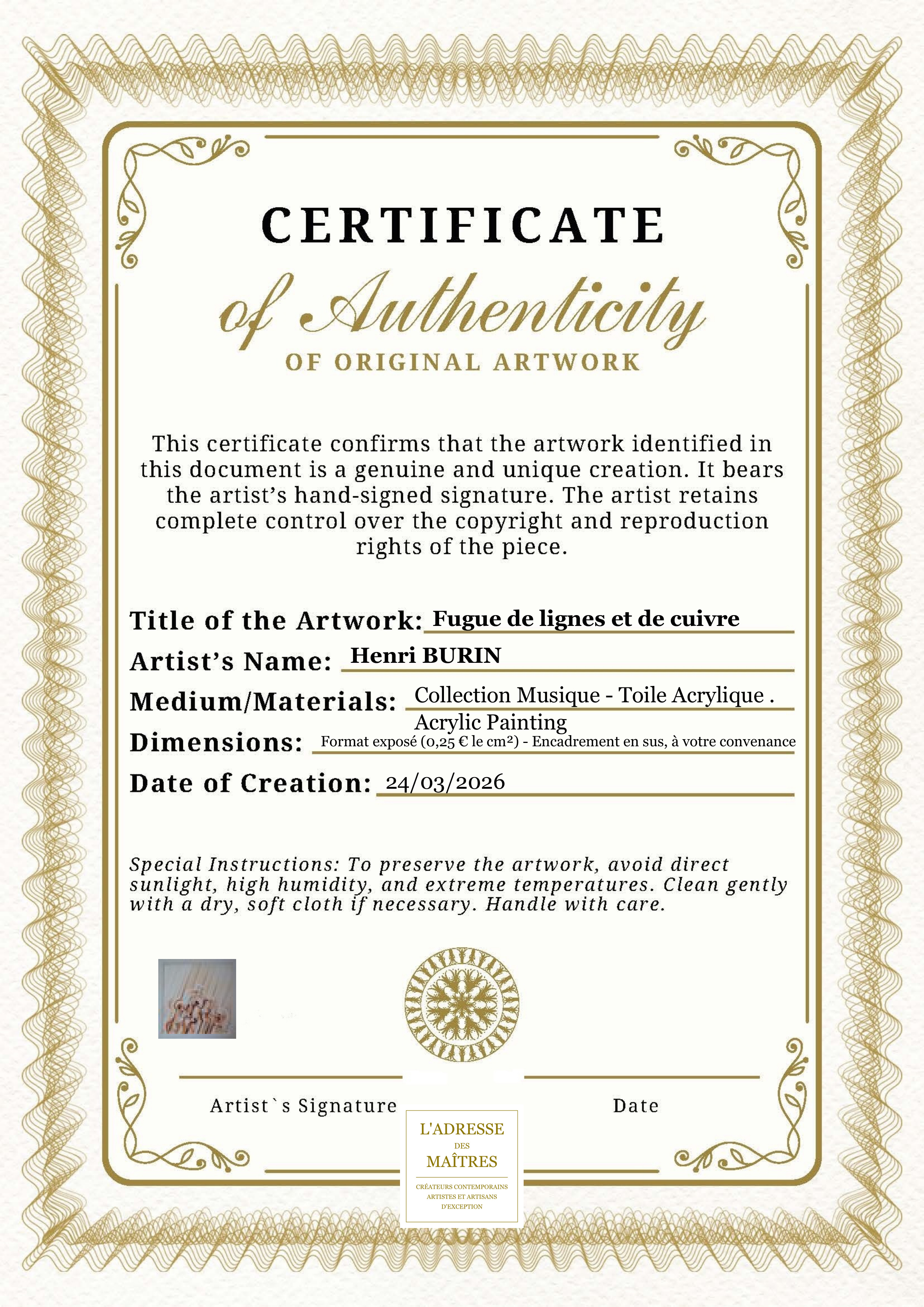 Certificat d'authenticité — Fugue de lignes et de cuivre — Henri BURIN
