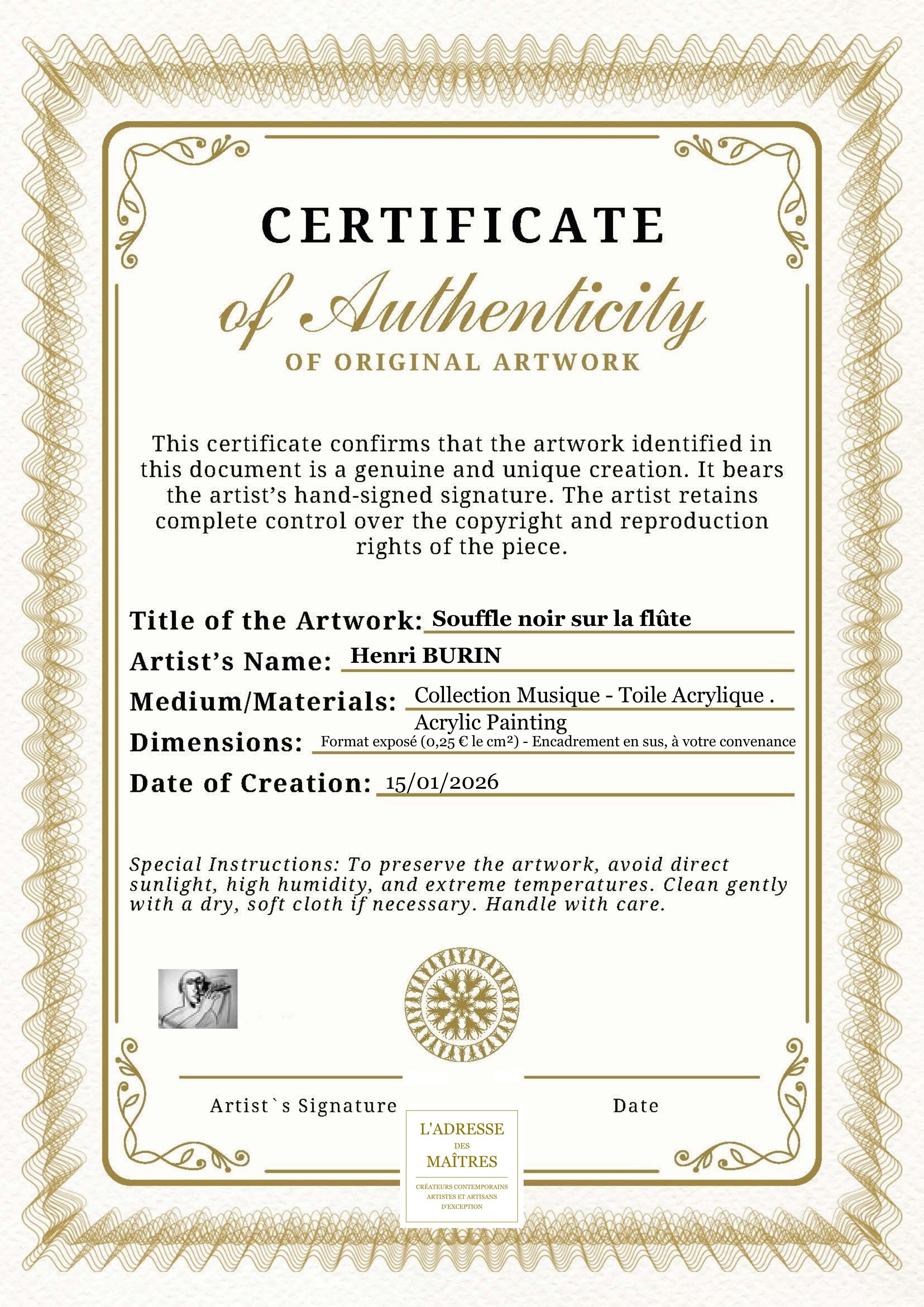 Certificat d'authenticité — Souffle noir sur la flûte — Henri BURIN